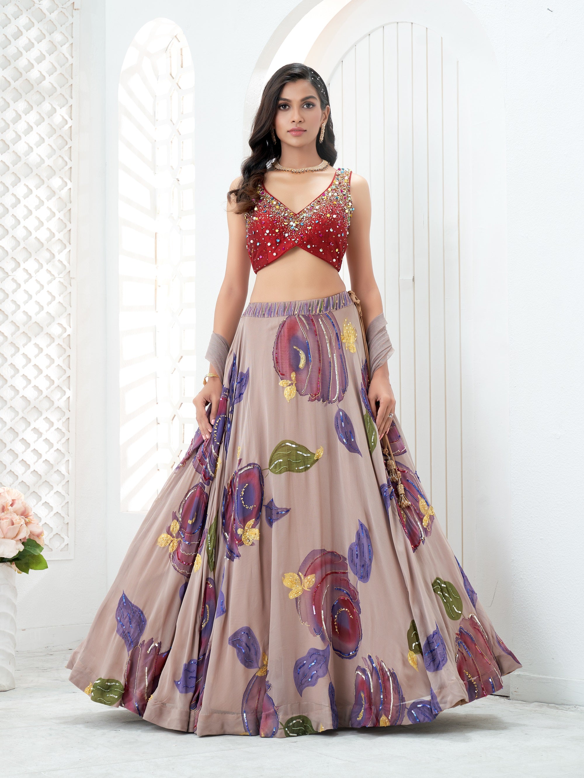 Hand Painted Lehenga and Embroidered Red Blouse Set