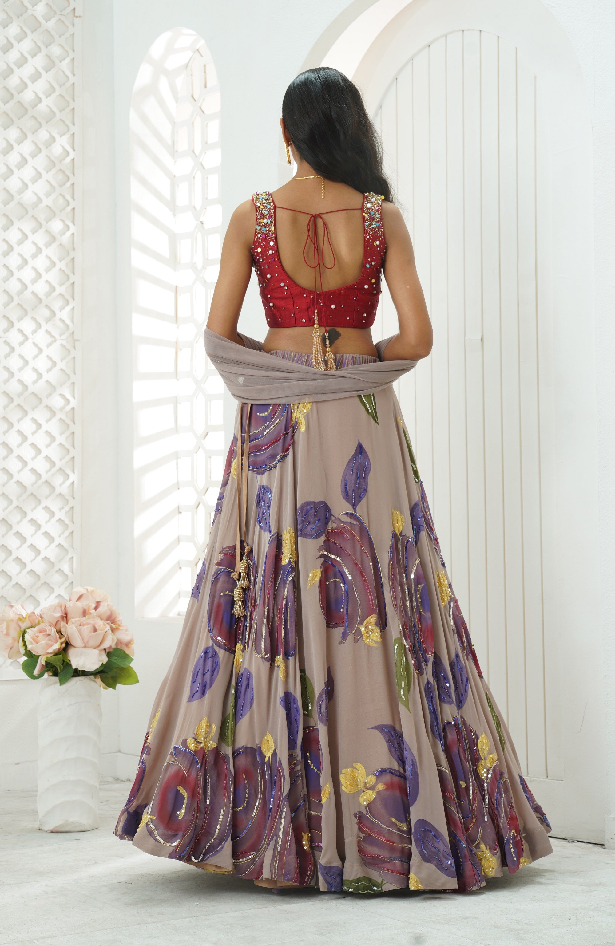 Hand Painted Lehenga and Embroidered Red Blouse Set