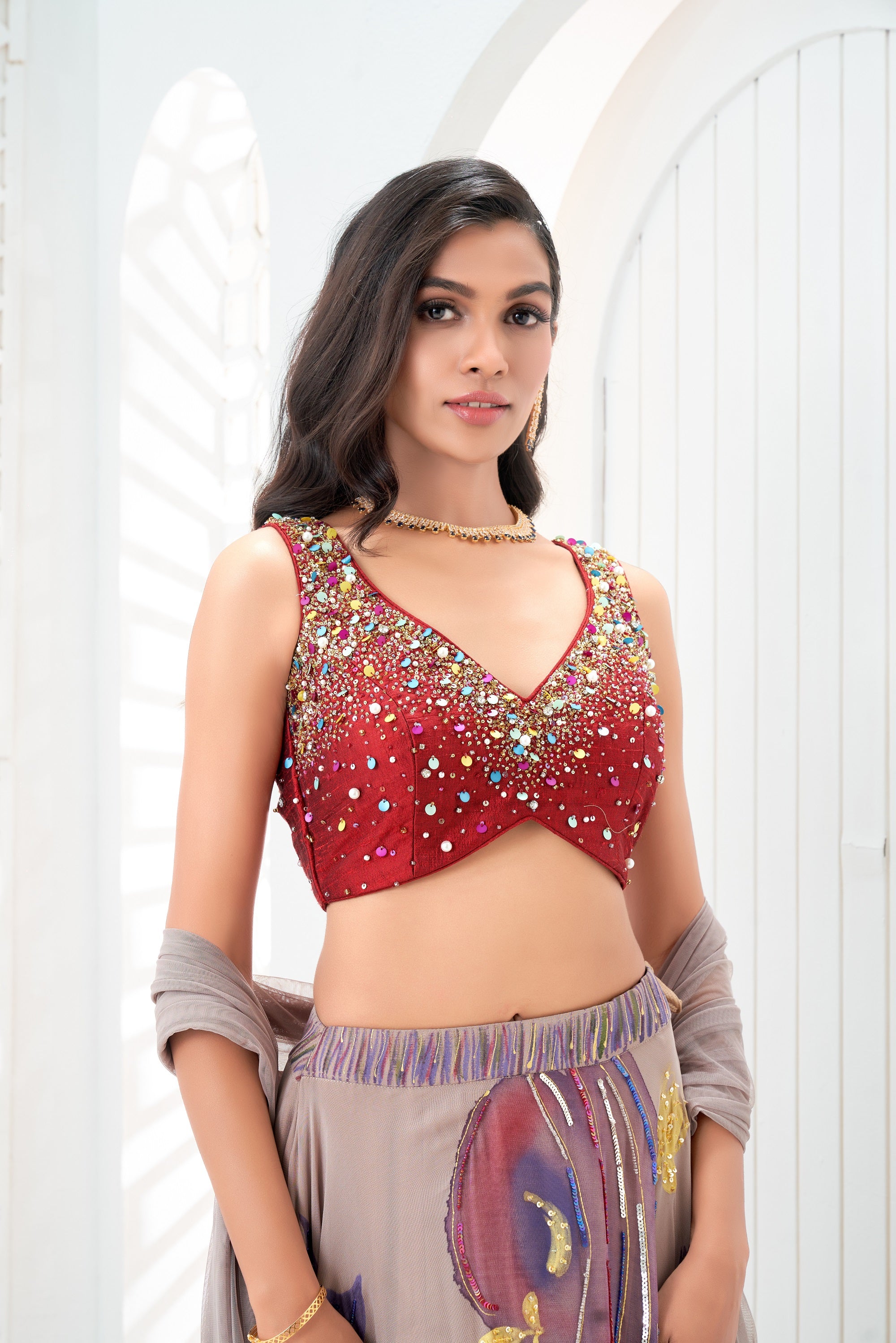 Hand Painted Lehenga and Embroidered Red Blouse Set