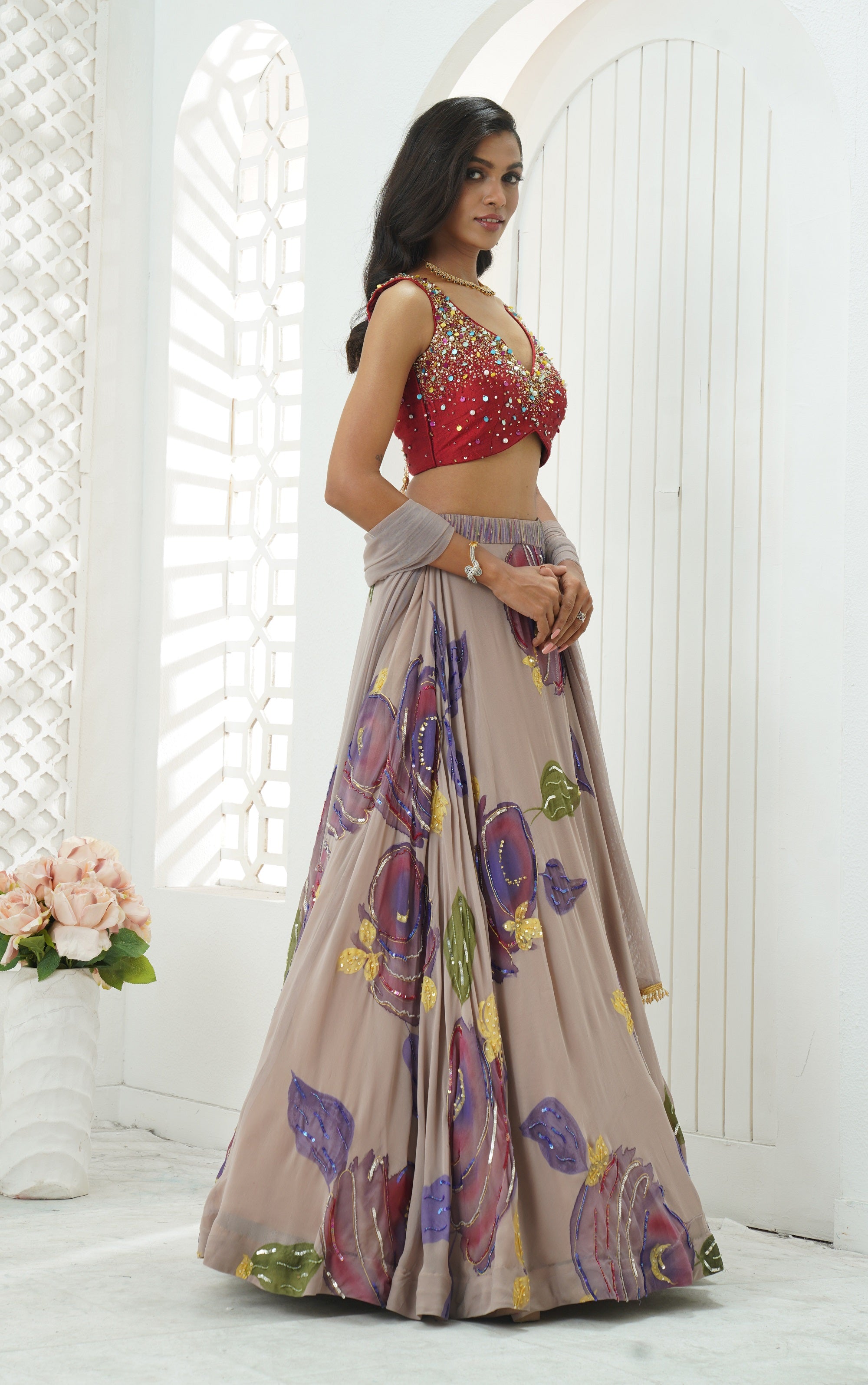 Hand Painted Lehenga and Embroidered Red Blouse Set