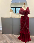 Burgundy Ruffle Saree with Self Embroidery - Red saree with a matching blouse