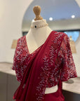 Burgundy Ruffle Saree with Self Embroidery