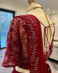 Burgundy Ruffle Saree with Self Embroidery