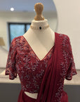 Burgundy Ruffle Saree with Self Embroidery - Indian Red embroidered saree
