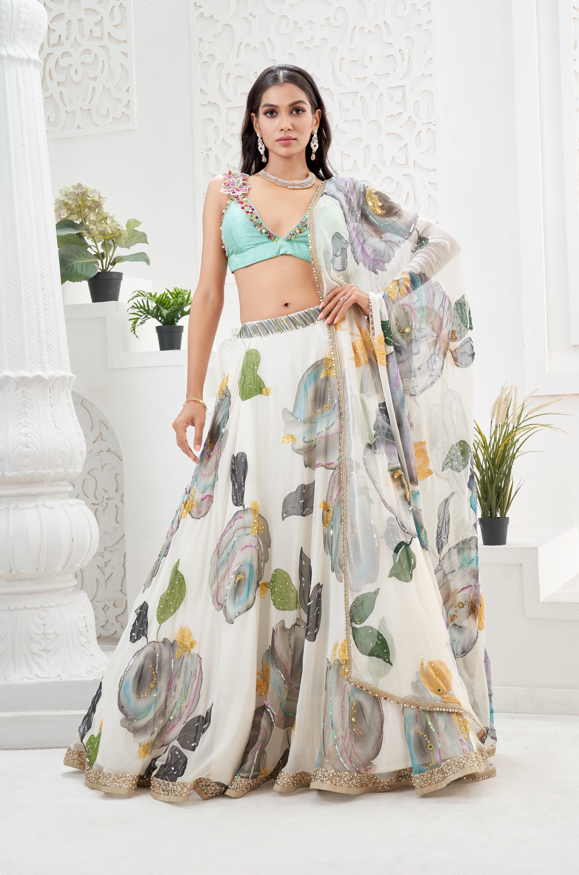 Ivory Hand Painted Lehenga and Mint Bralette Blouse Set