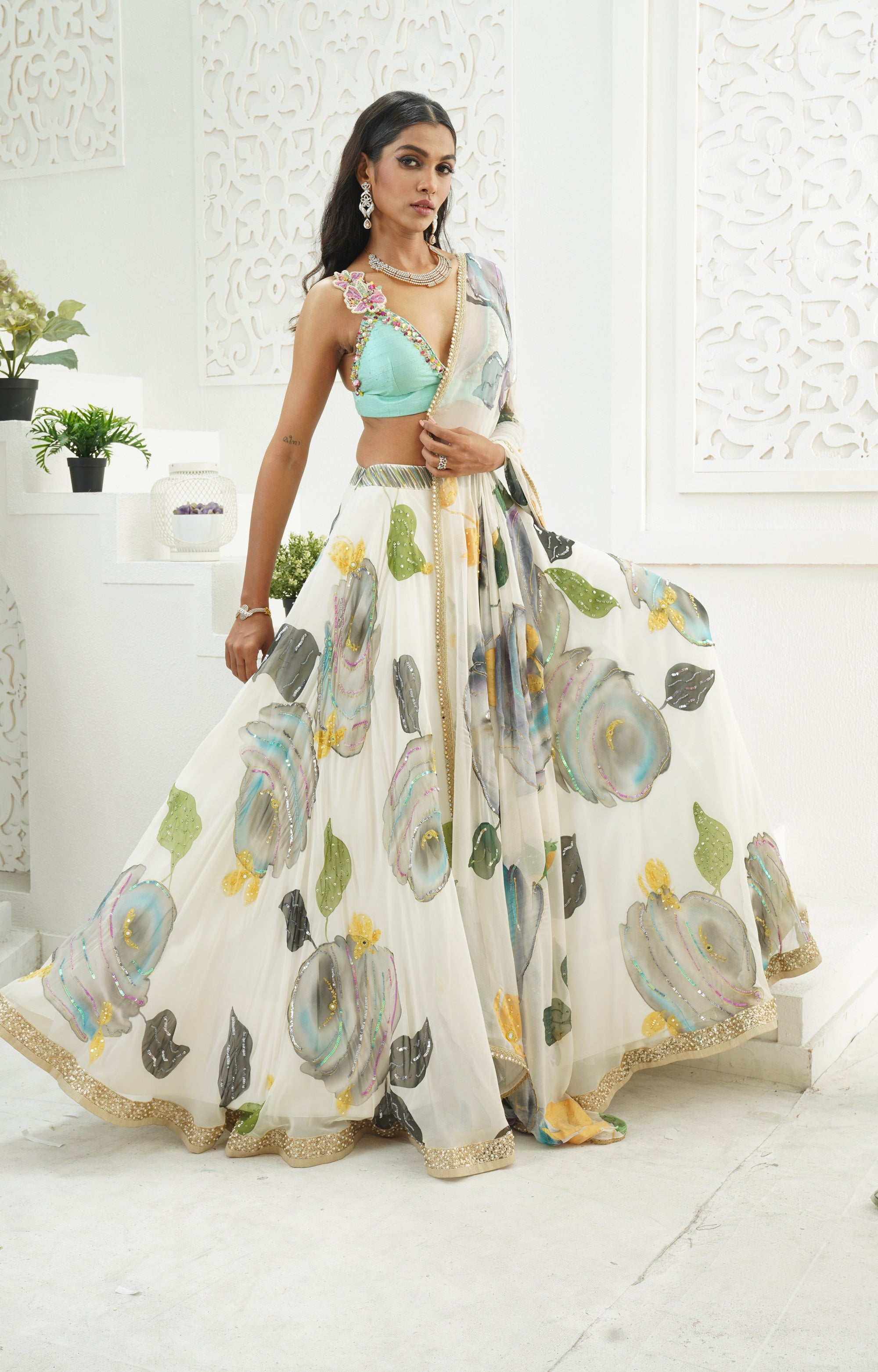 Ivory Hand Painted Lehenga and Mint Bralette Blouse Set
