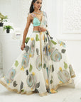 Ivory Hand Painted Lehenga and Mint Bralette Blouse Set