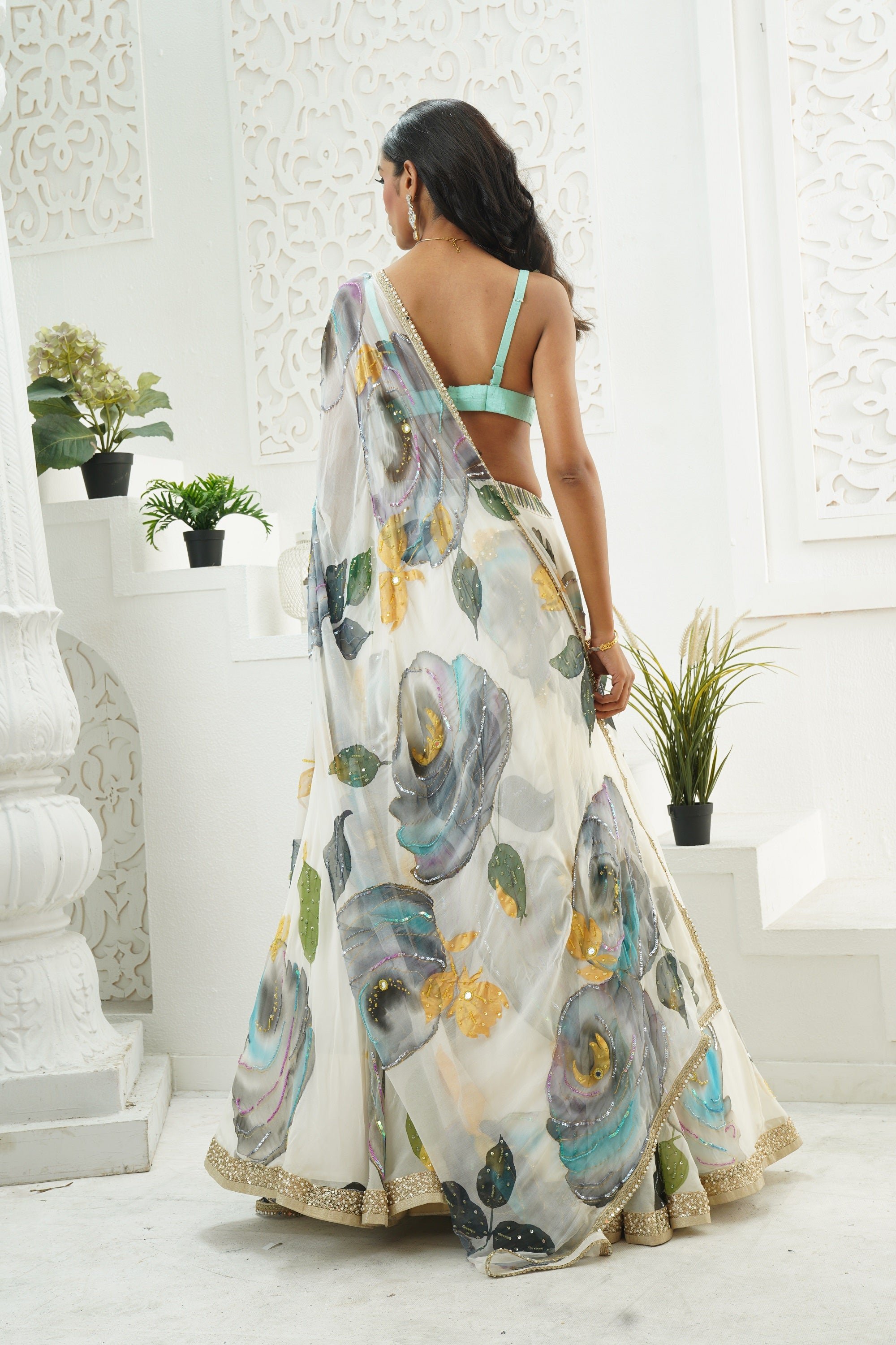 Ivory Hand Painted Lehenga and Mint Bralette Blouse Set