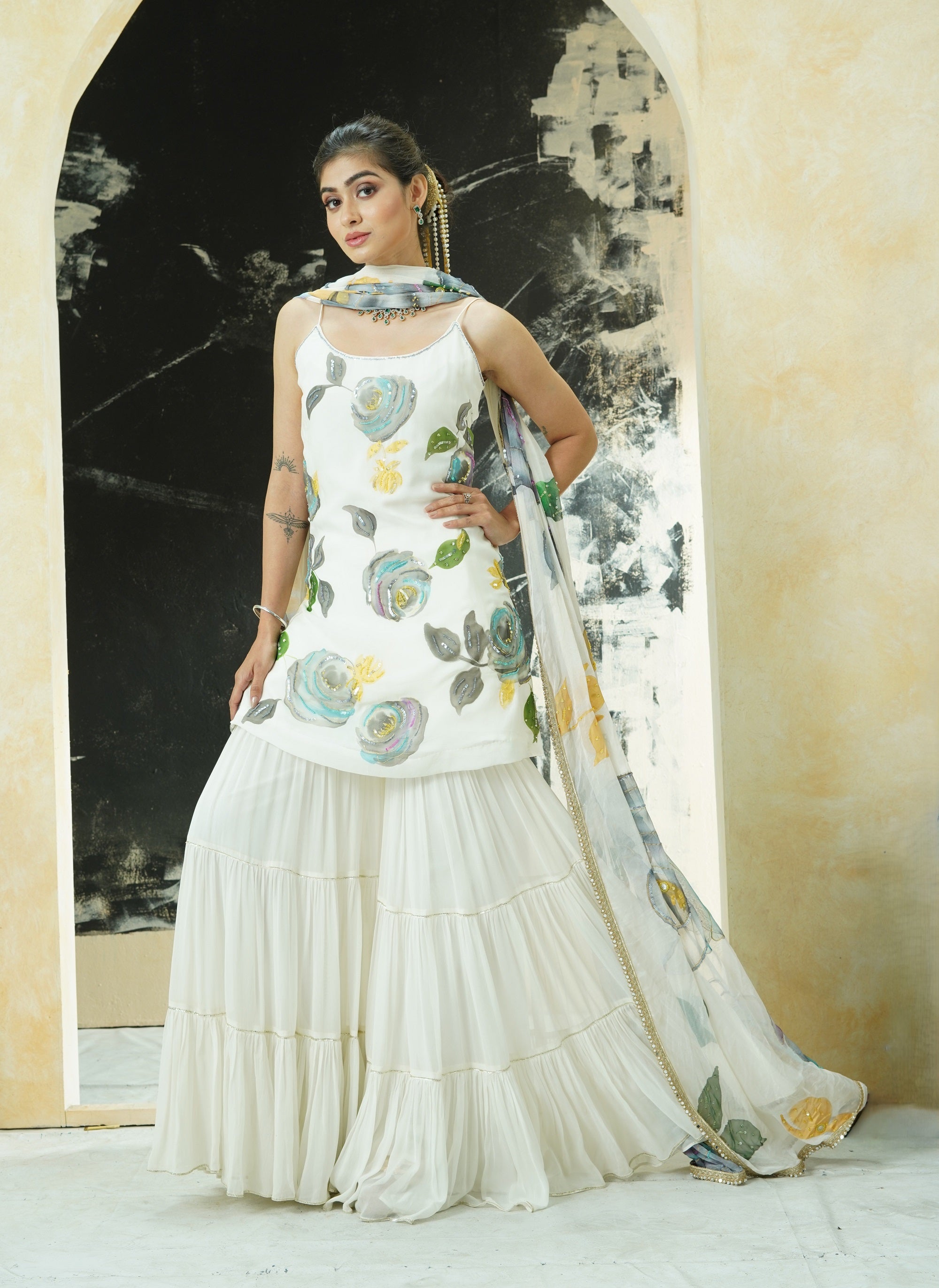 Ivory Hand Painted Slip Kurta and Sharara Set