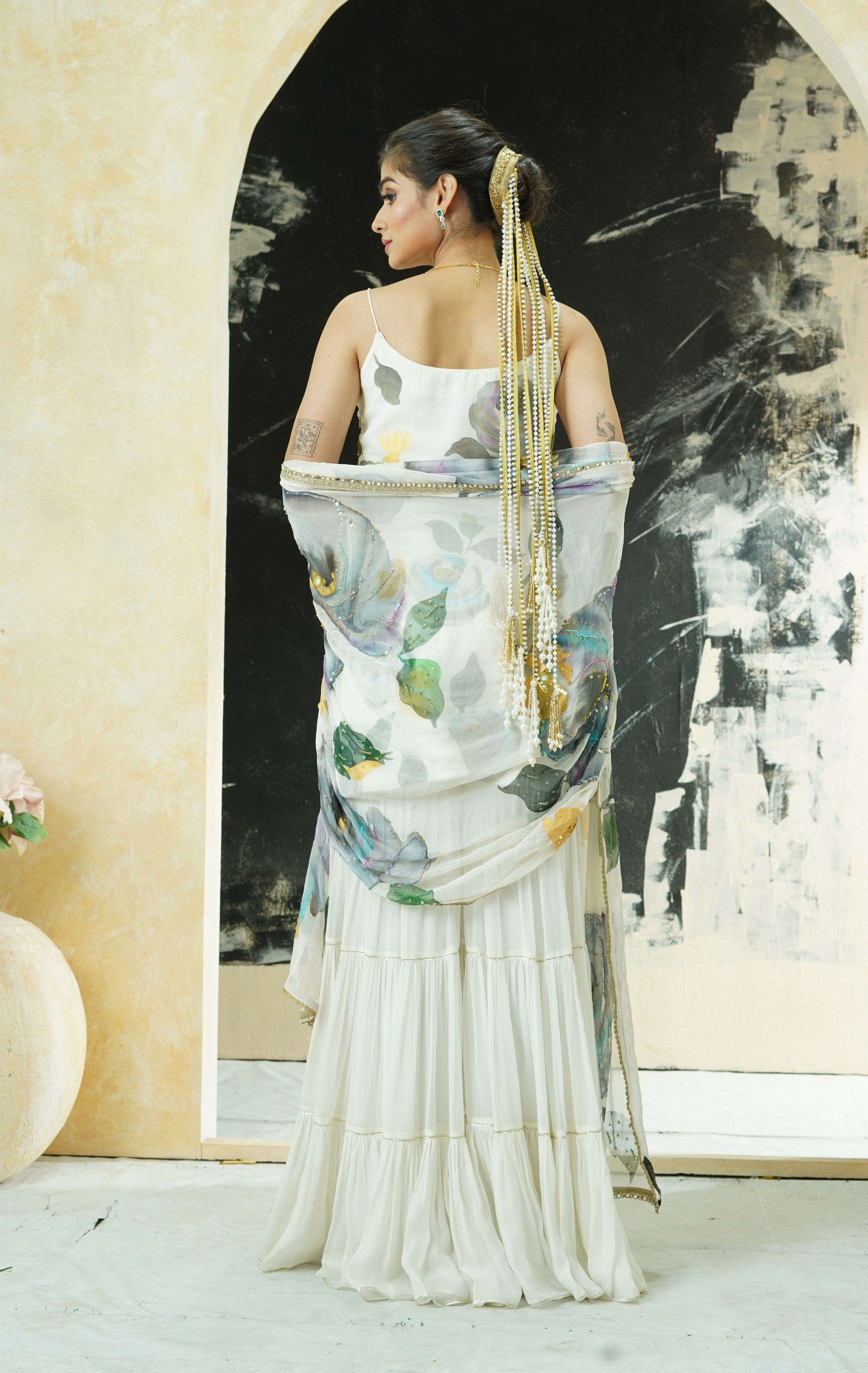 Ivory Hand Painted Slip Kurta and Sharara Set