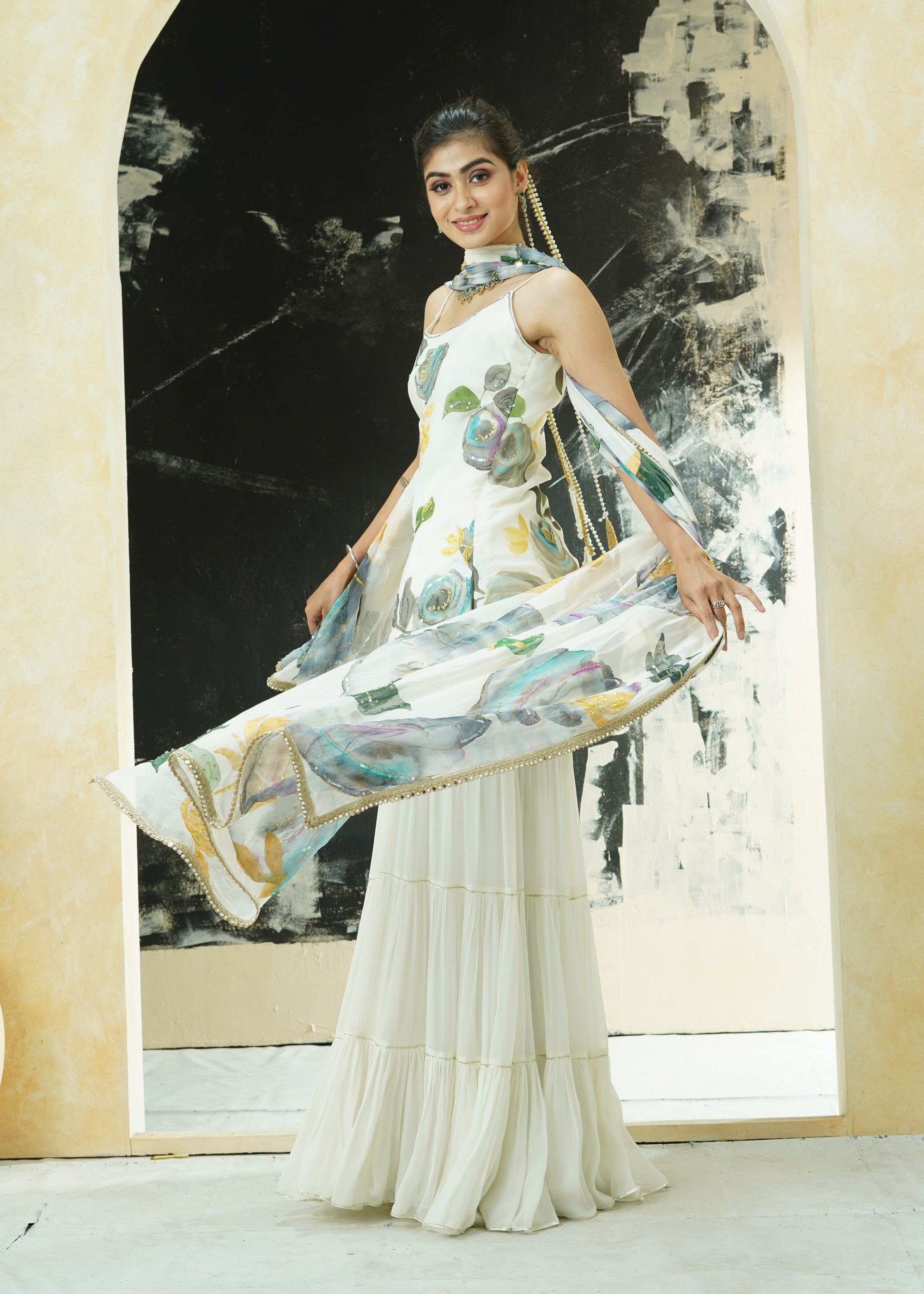 Ivory Hand Painted Slip Kurta and Sharara Set