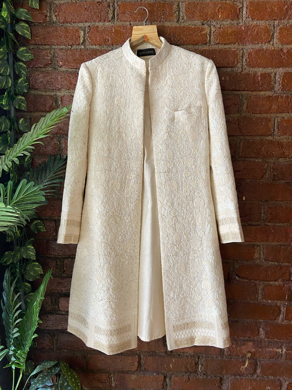 Ivory Thread Work Sherwani Jacket Set - mens clothing indian