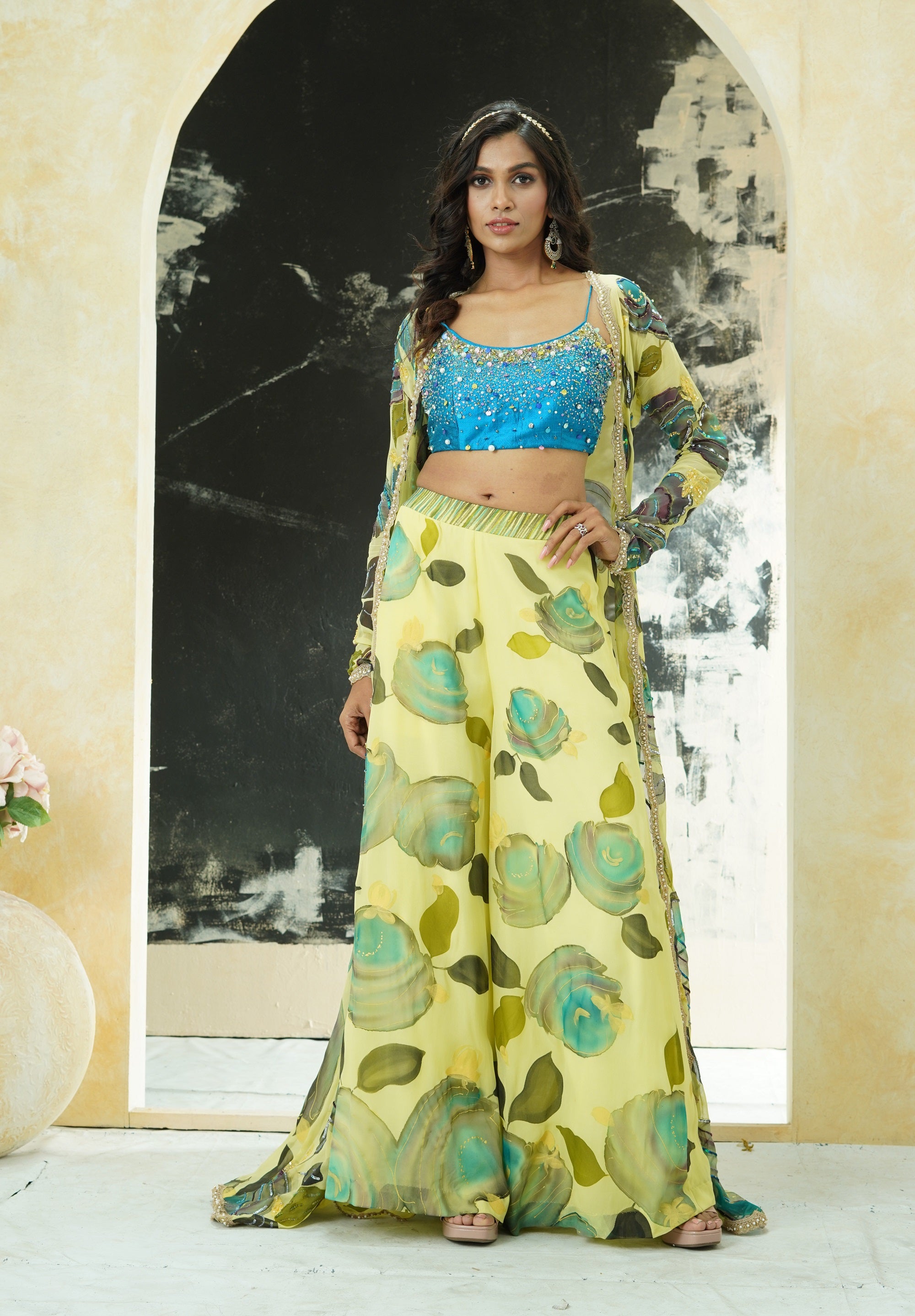 Lime Yellow Hand Painted Palazzo and Jacket Set