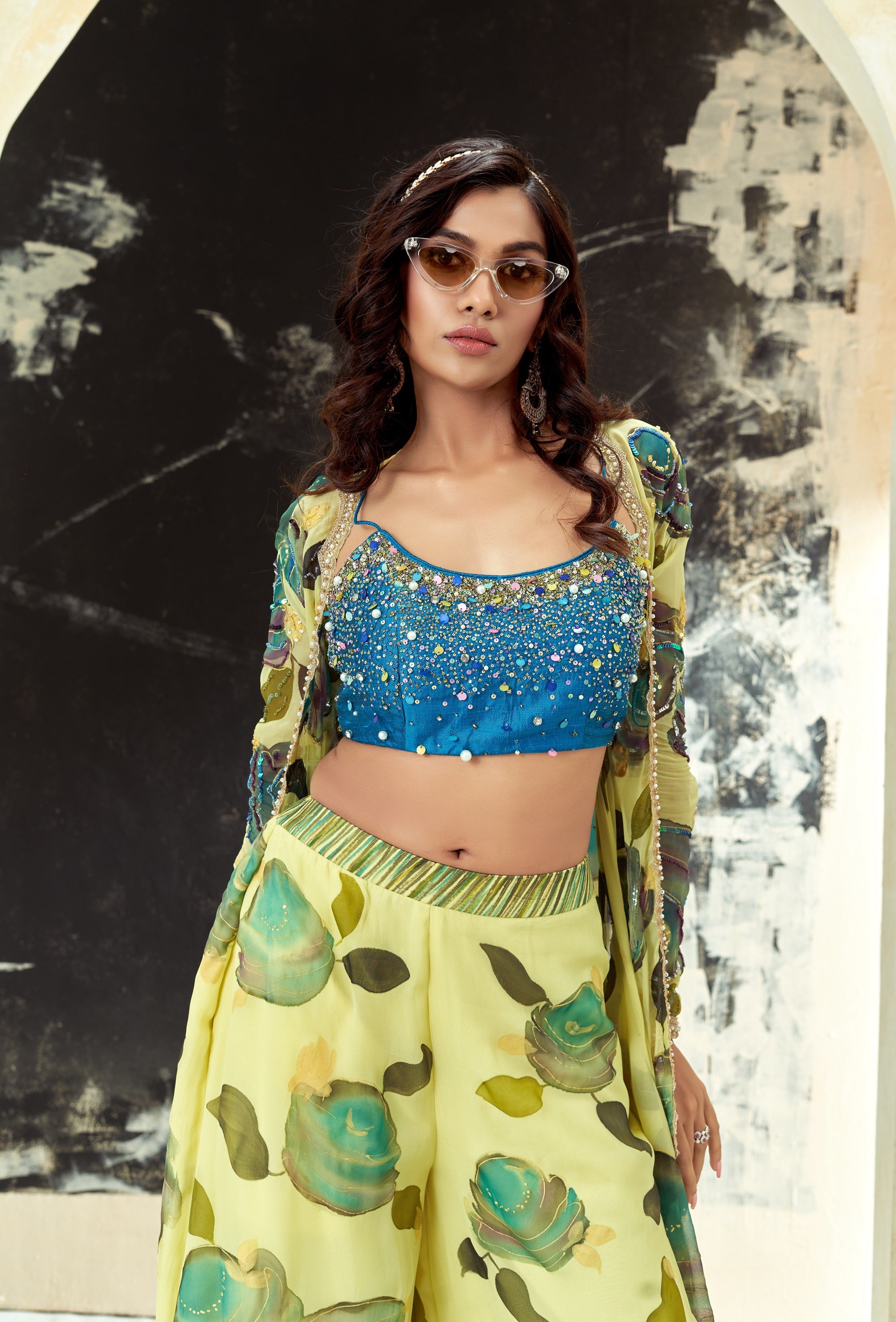 Lime Yellow Hand Painted Palazzo and Jacket Set