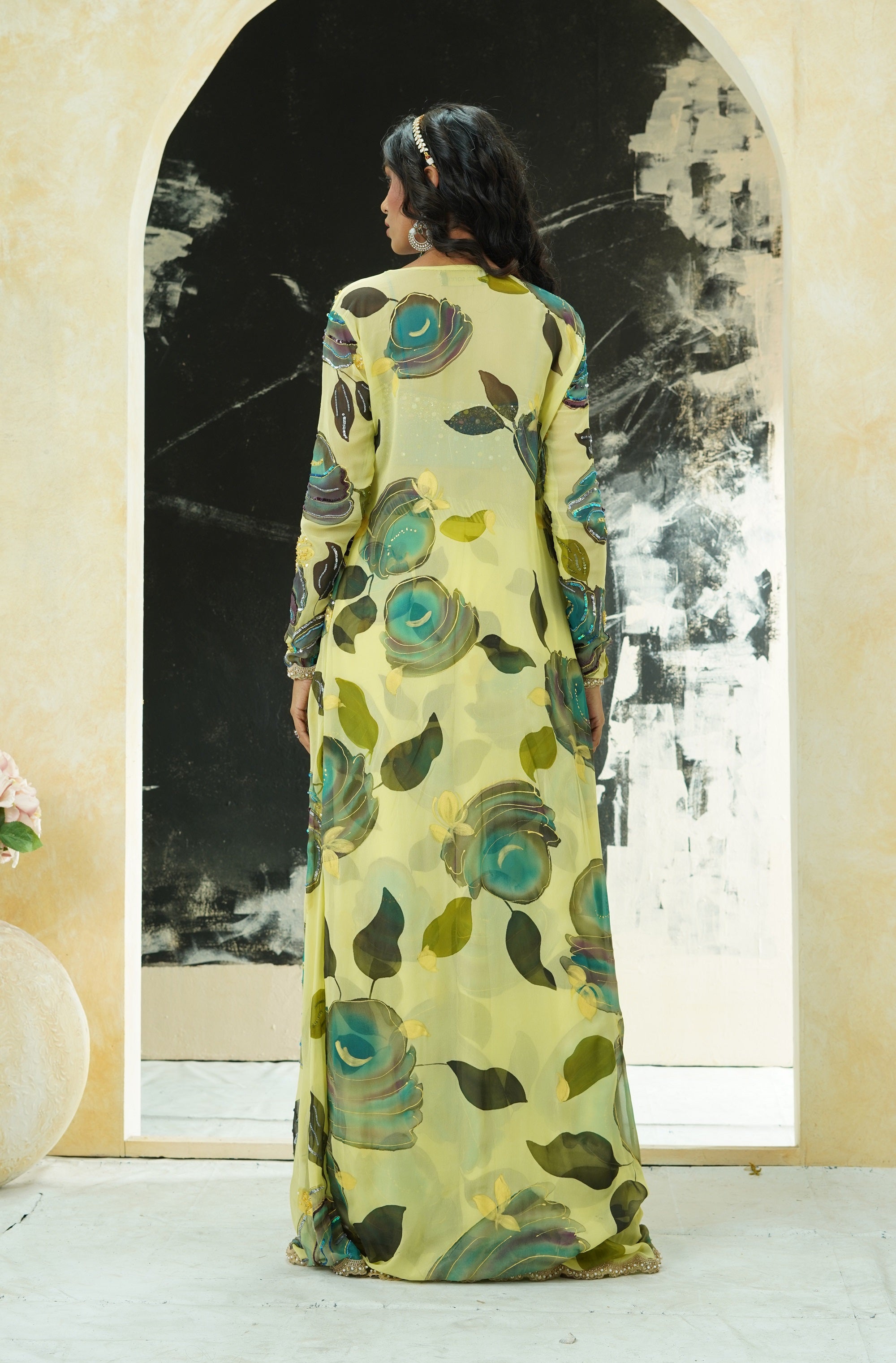 Lime Yellow Hand Painted Palazzo and Jacket Set