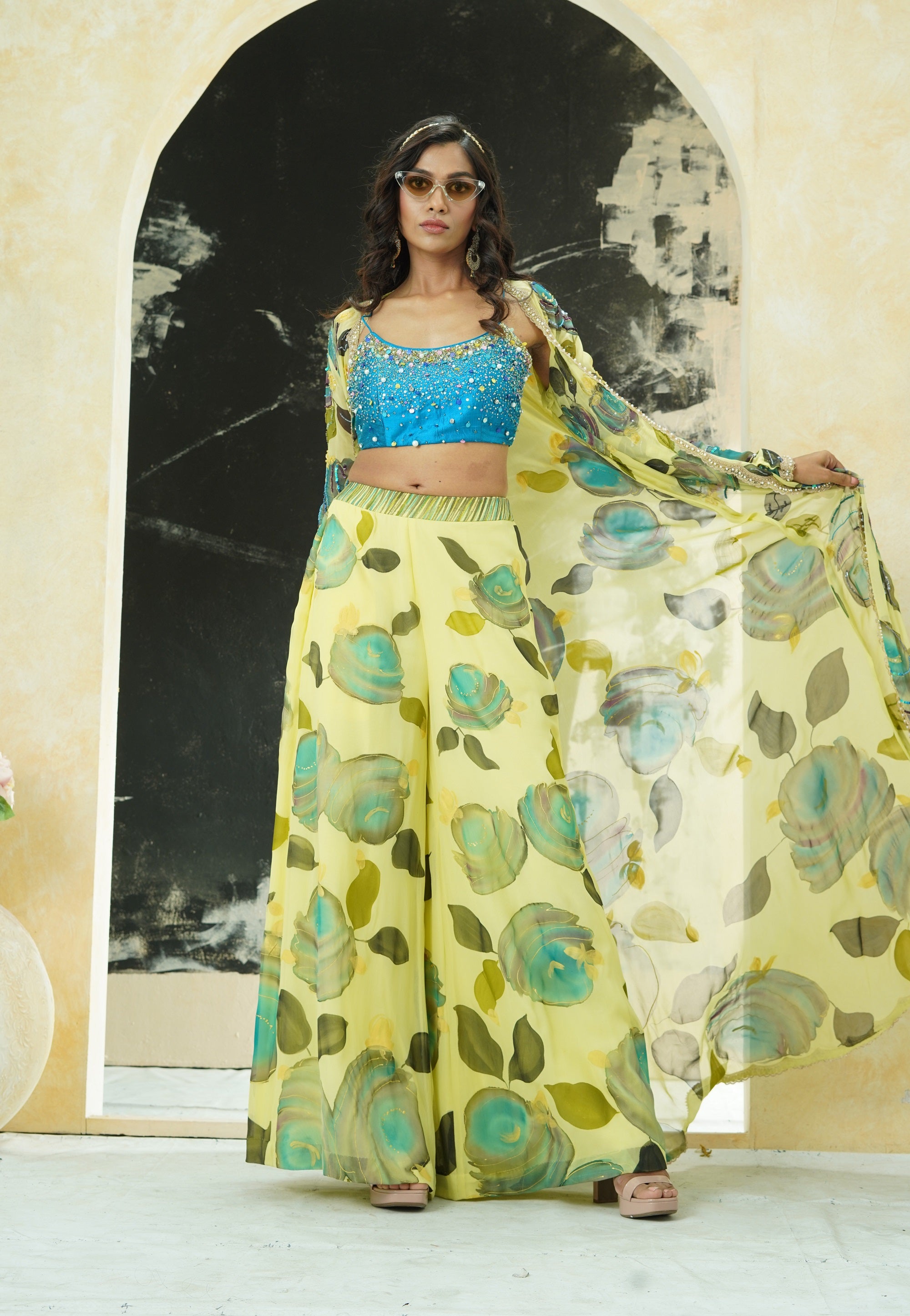 Lime Yellow Hand Painted Palazzo and Jacket Set