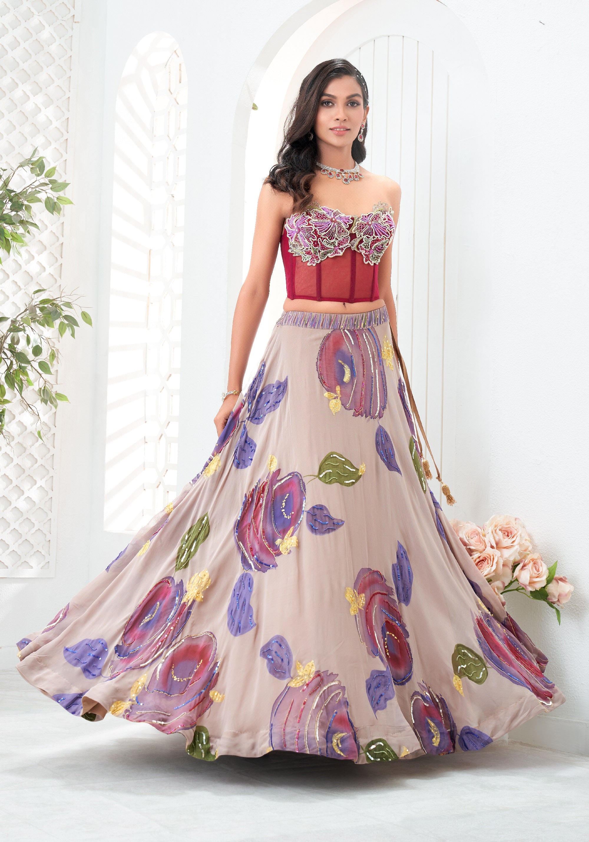 Mauve Hand Painted Lehenga and Floral Corset Set