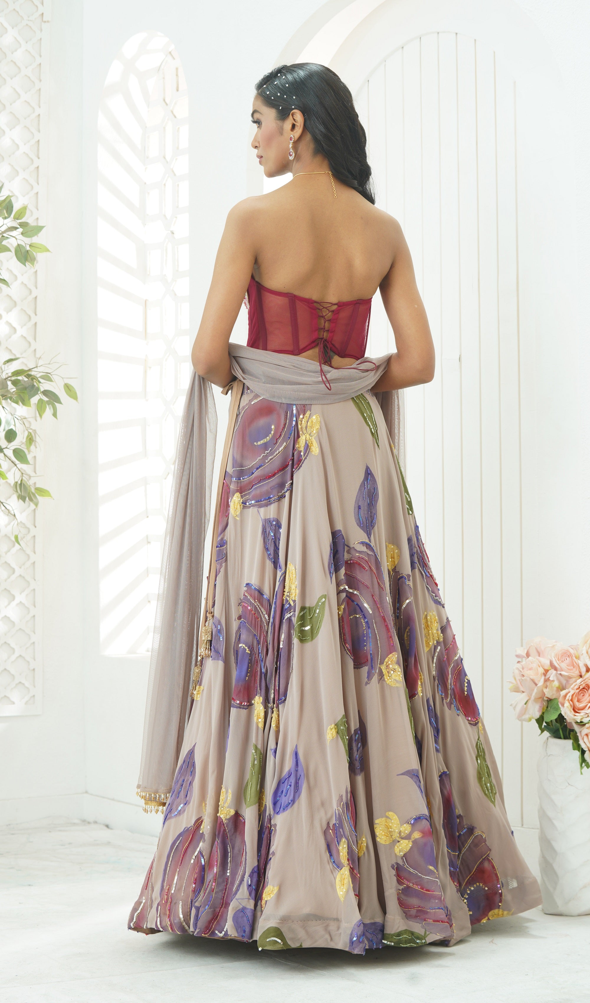 Mauve Hand Painted Lehenga and Floral Corset Set