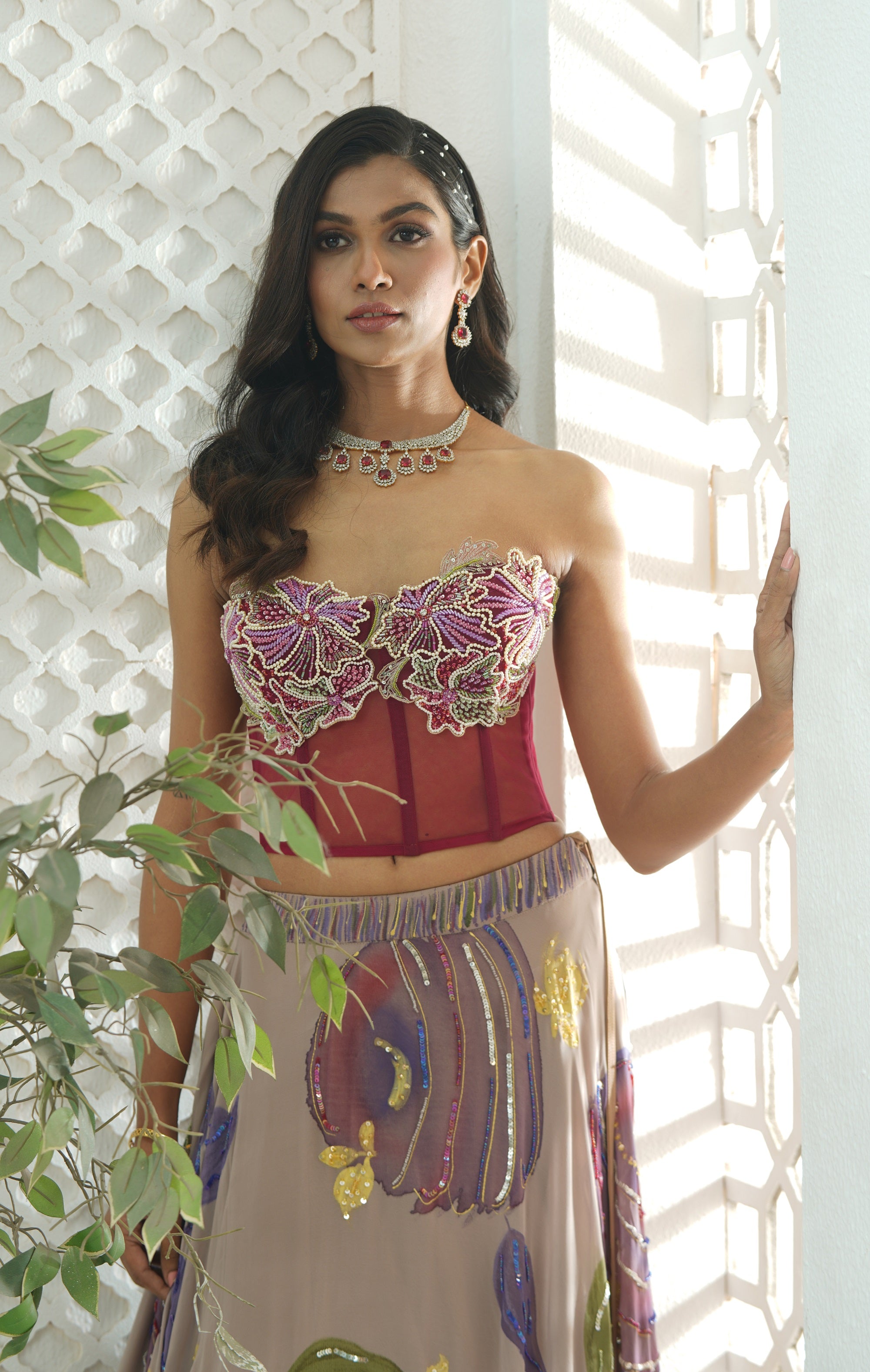 Mauve Hand Painted Lehenga and Floral Corset Set