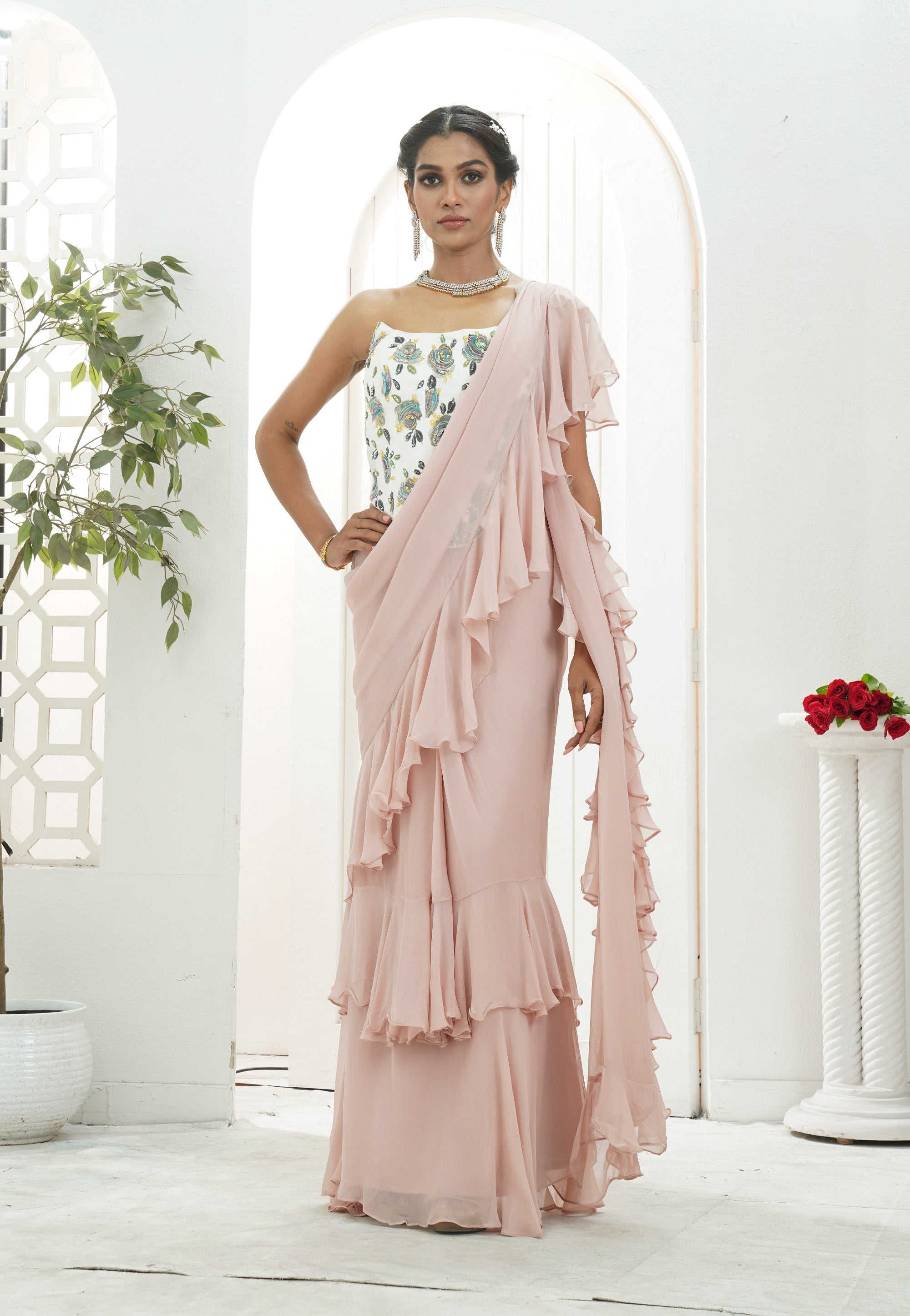 Mauve Ruffle Saree and Hand Painted Corset Set