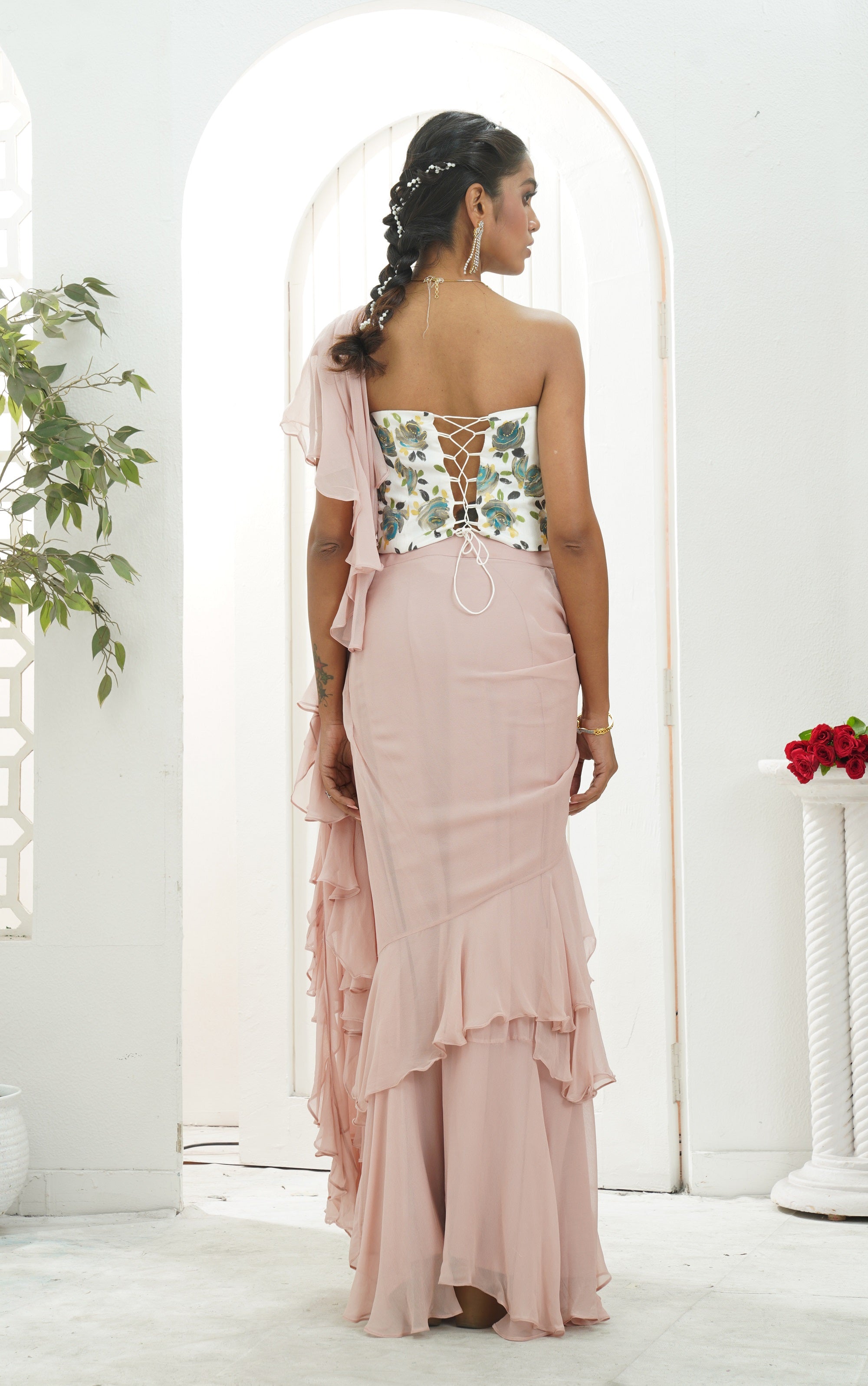 Mauve Ruffle Saree and Hand Painted Corset Set