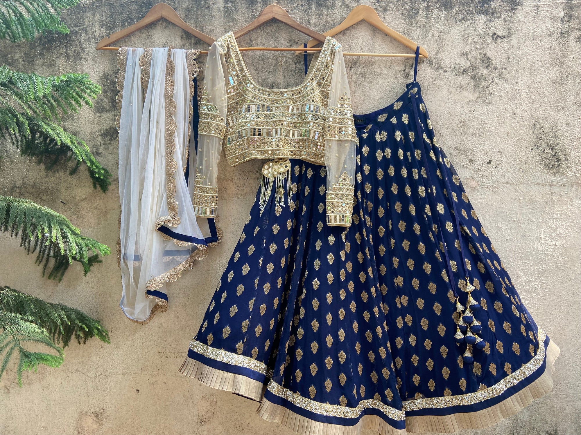 Midnight Blue and Mirror Work Lehenga Set - mirror work lehenga New Zealand
