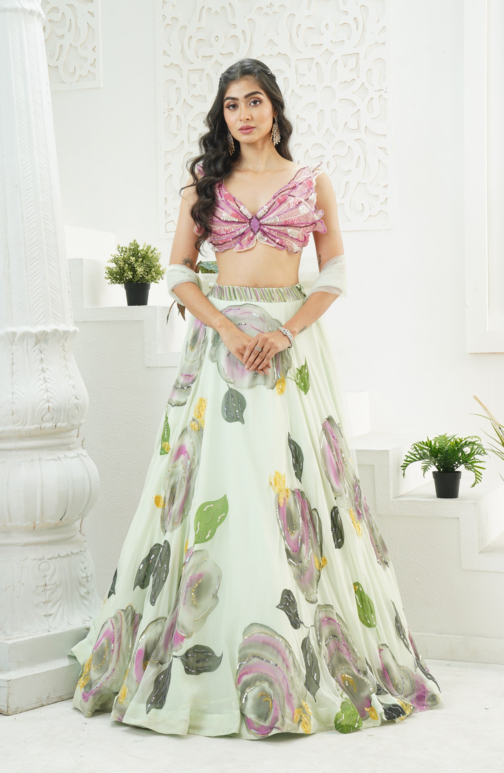Mint Green Hand Painted Lehenga and Butterfly Blouse