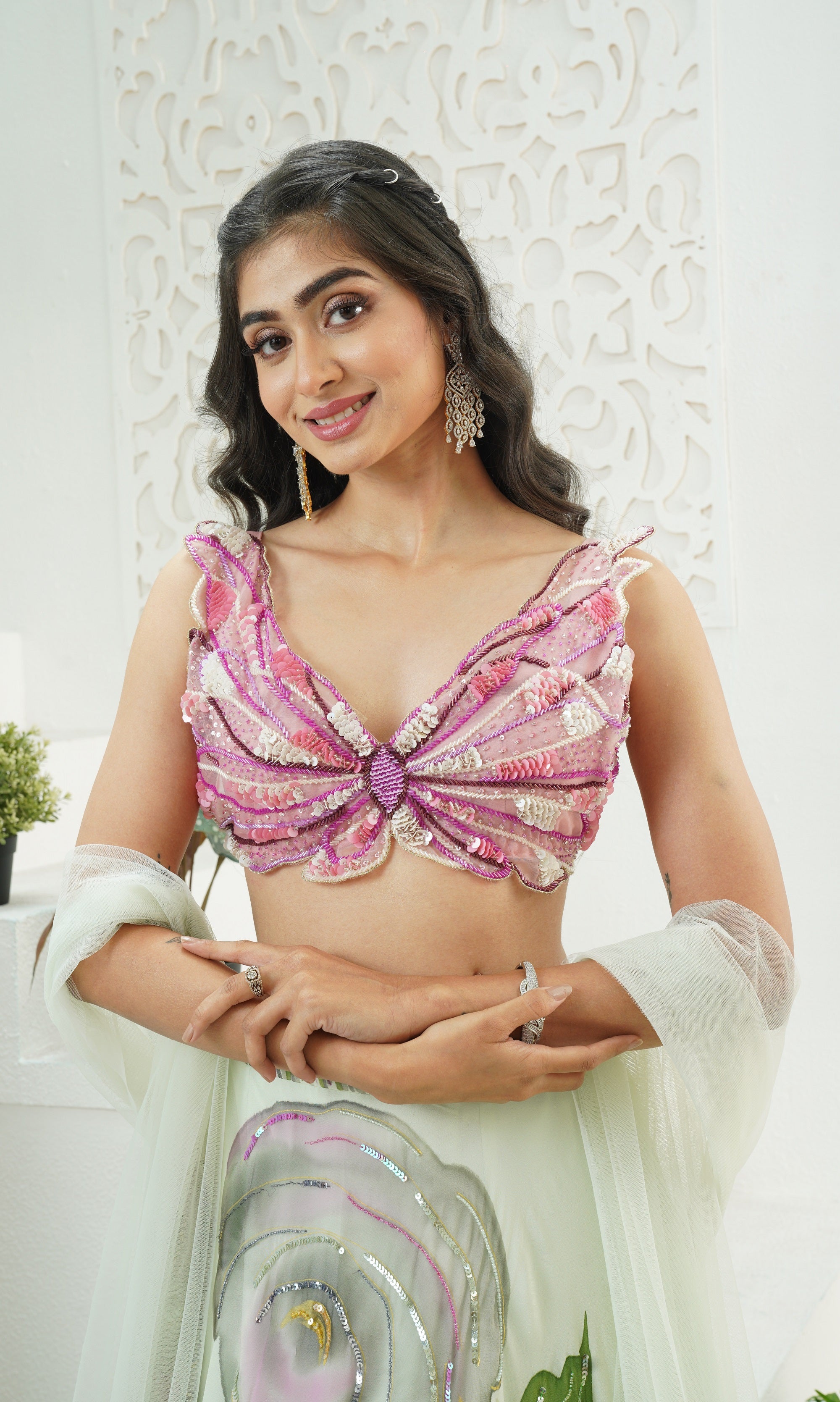 Mint Green Hand Painted Lehenga and Butterfly Blouse