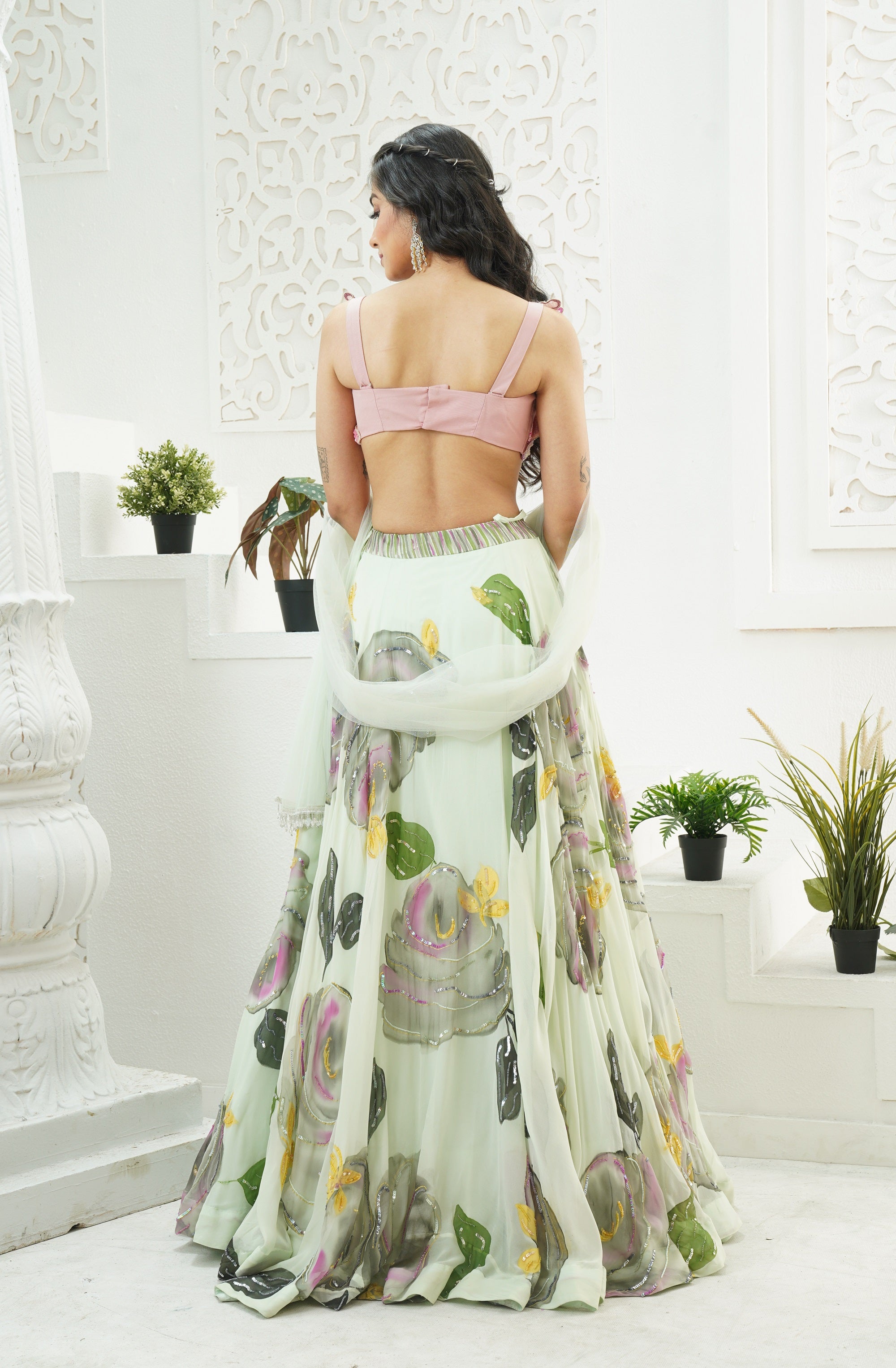 Mint Green Hand Painted Lehenga and Butterfly Blouse
