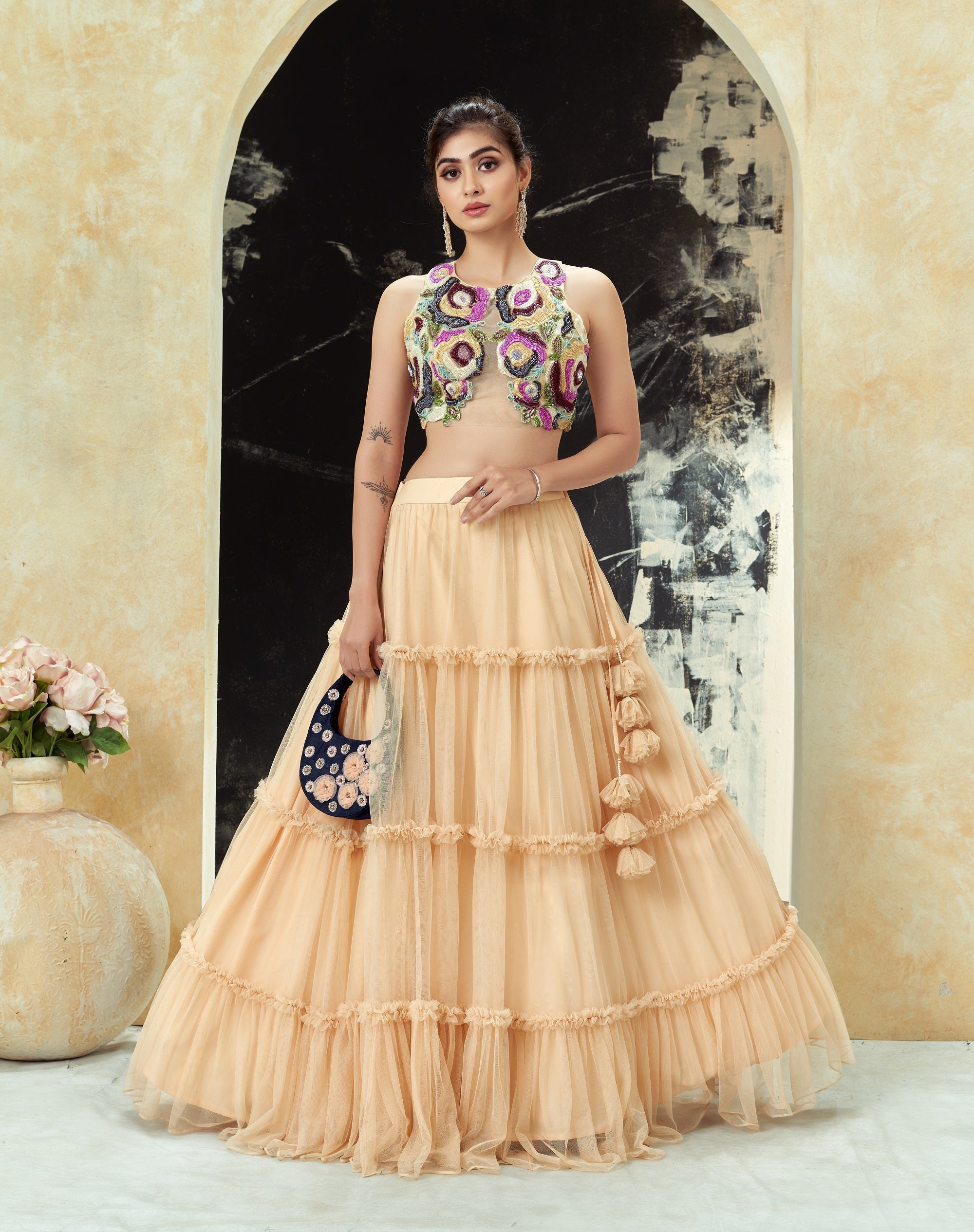 Multi-Hued Embroidered Blouse and Tier Skirt Set