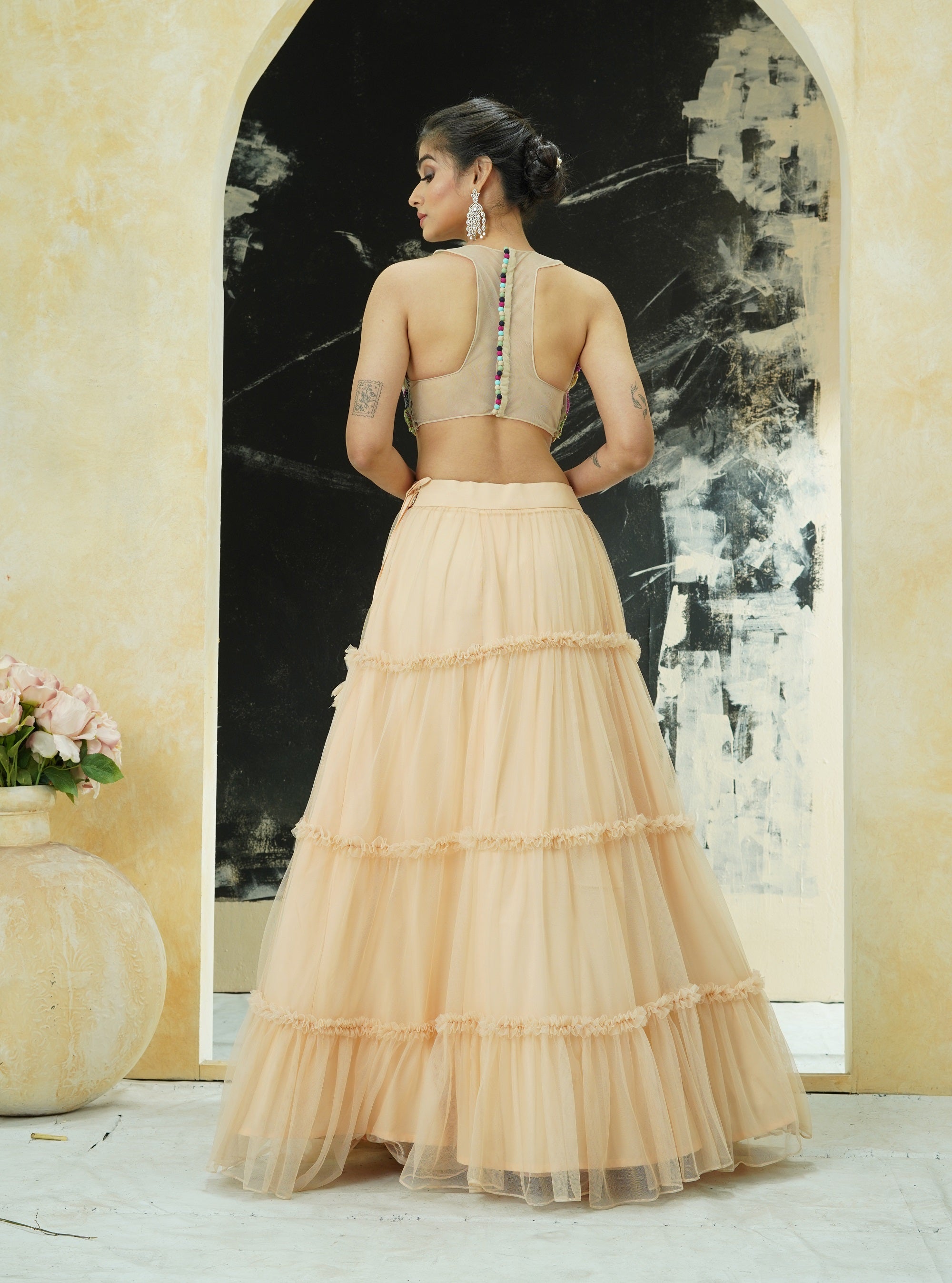 Multi-Hued Embroidered Blouse and Tier Skirt Set