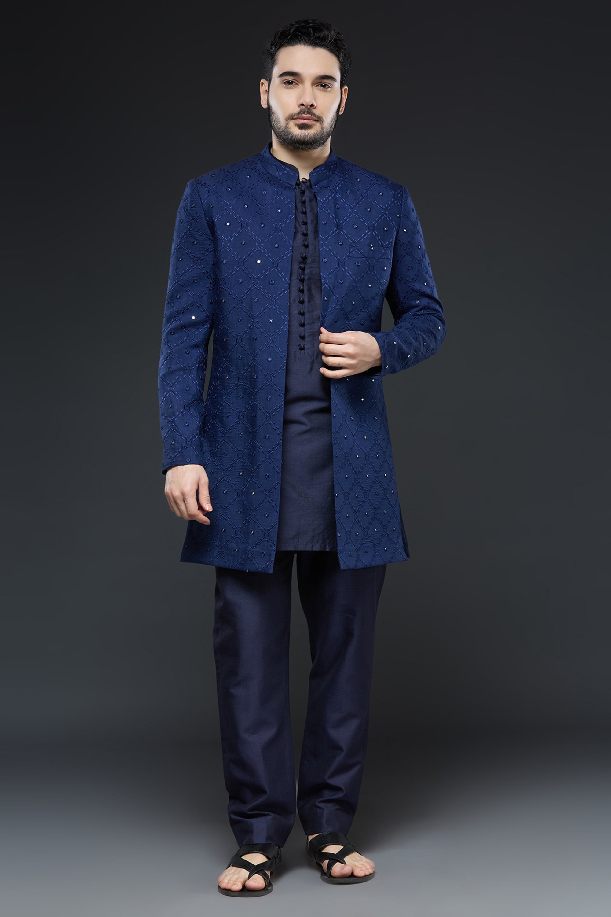 Navy Blue Art Mirror and Thread work Sherwani - Wedding Dresses