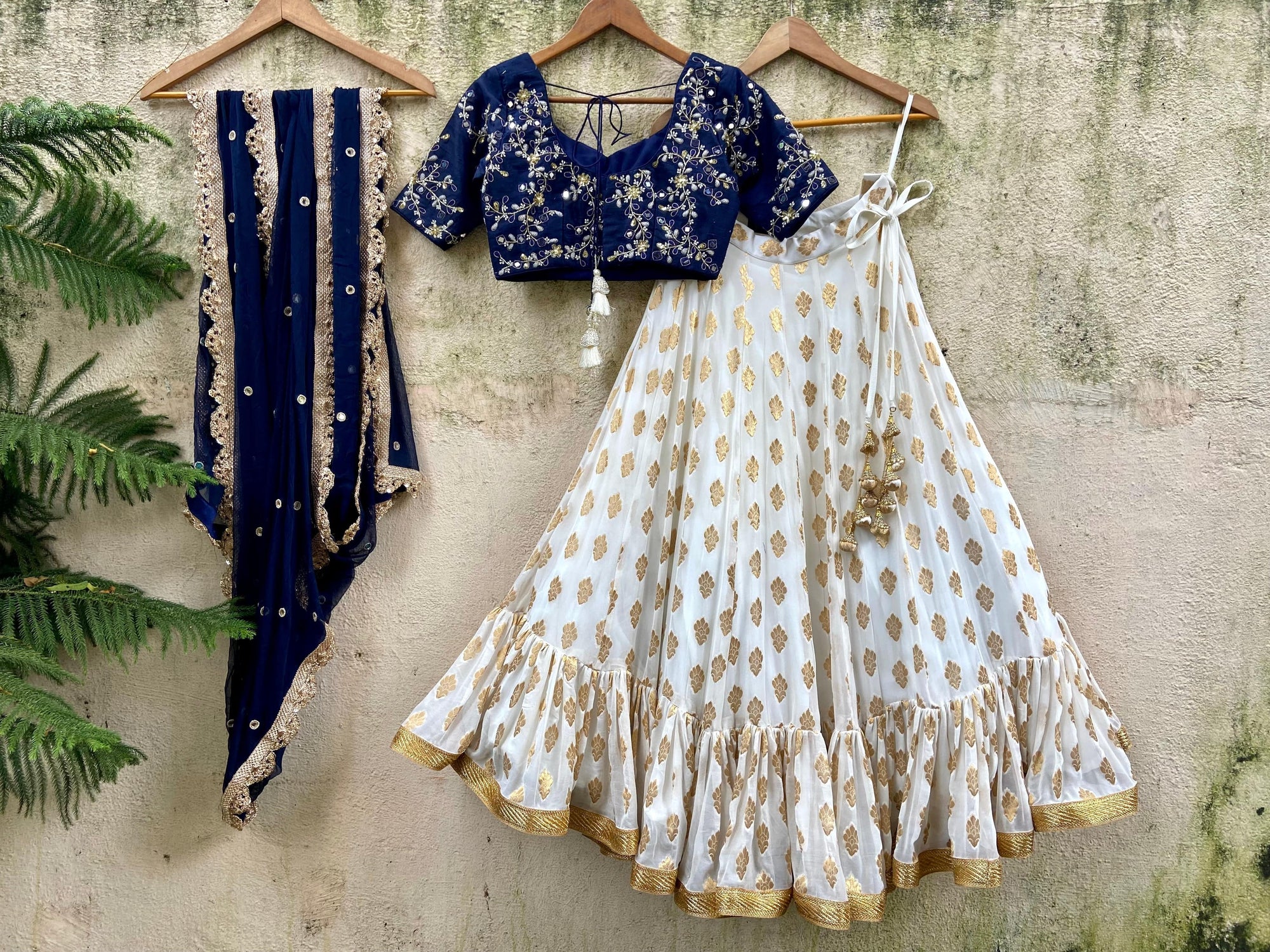 Navy Blue and Ivory Ruffle Lehenga Set - ivory lehenga USA