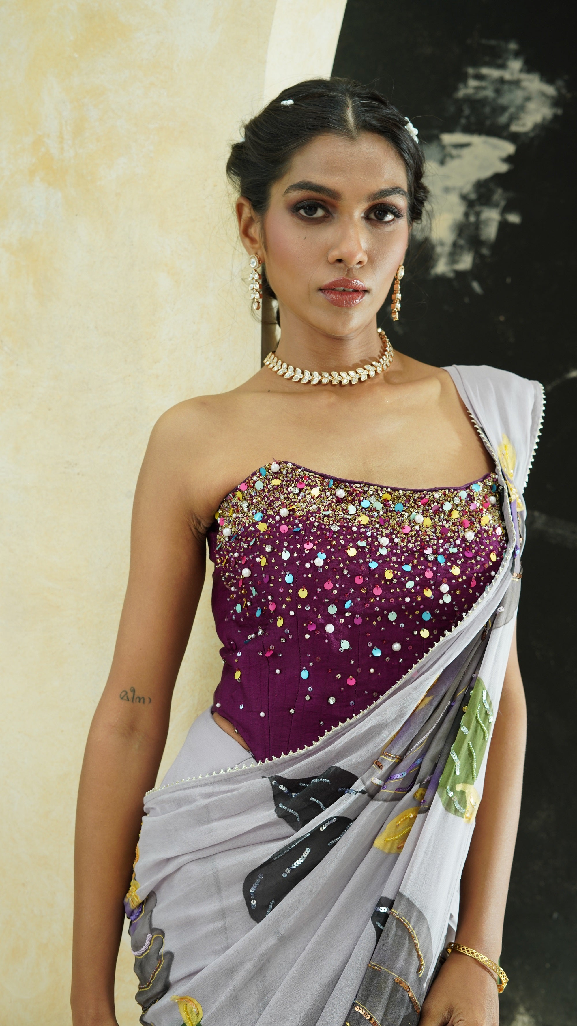 Periwinkle Hand Painted Saree and Corset Set