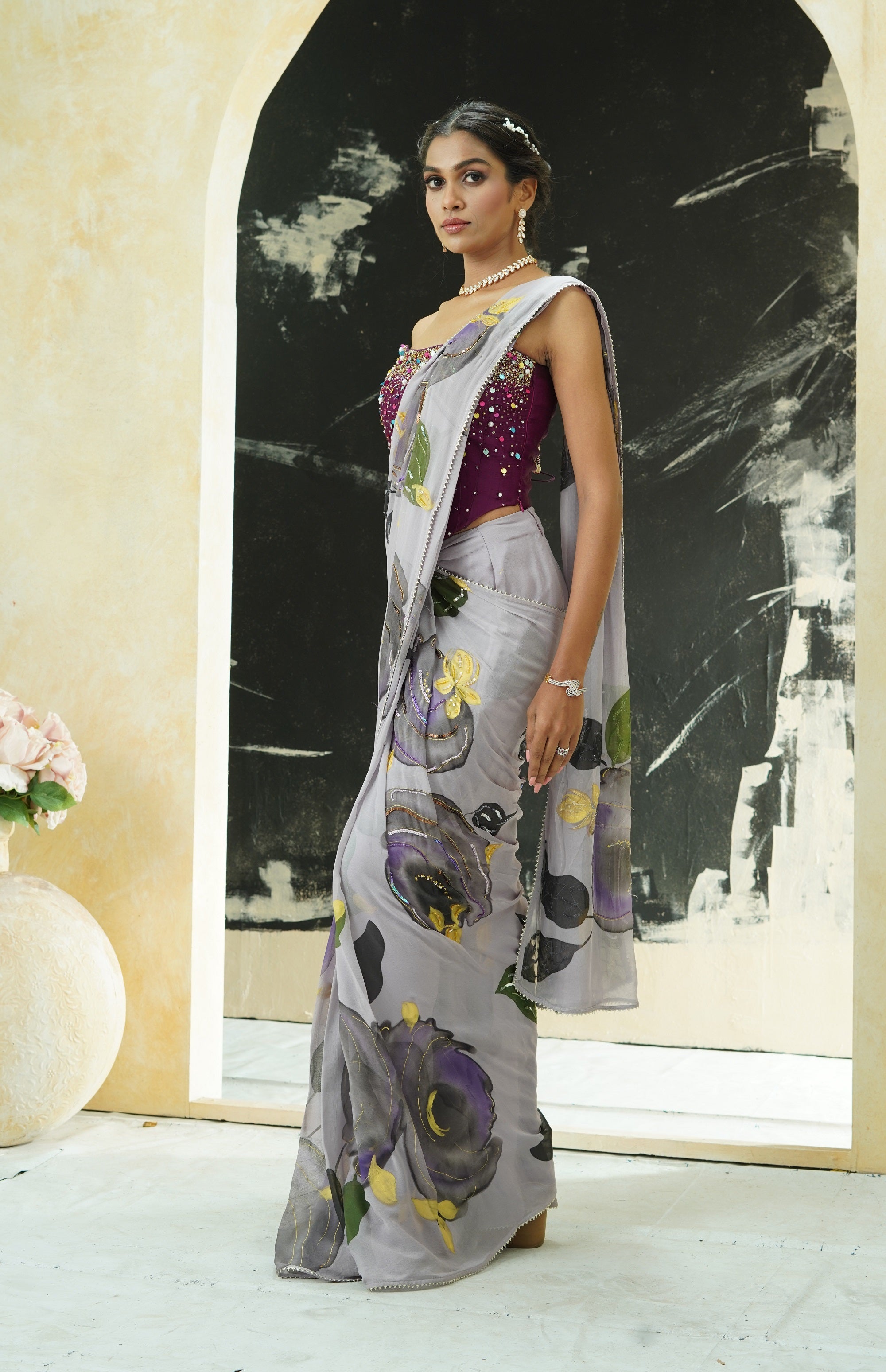 Periwinkle Hand Painted Saree and Corset Set
