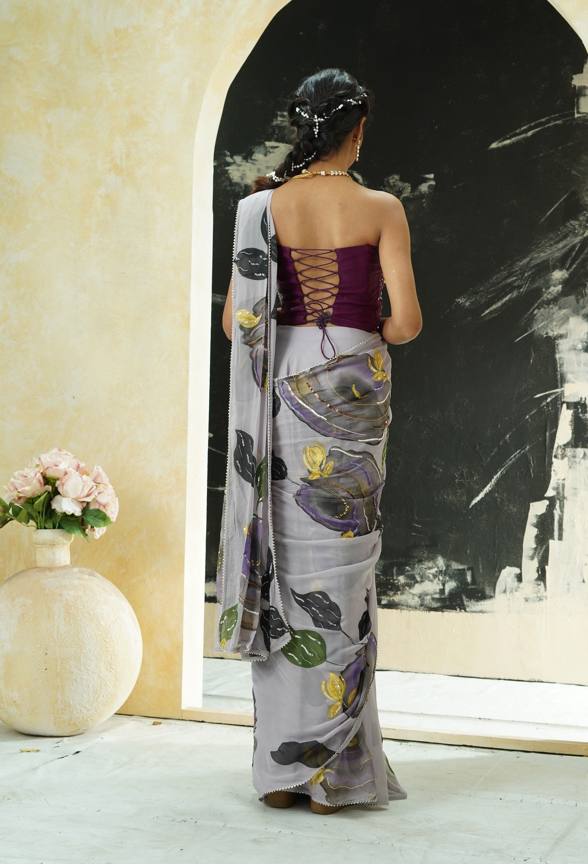 Periwinkle Hand Painted Saree and Corset Set