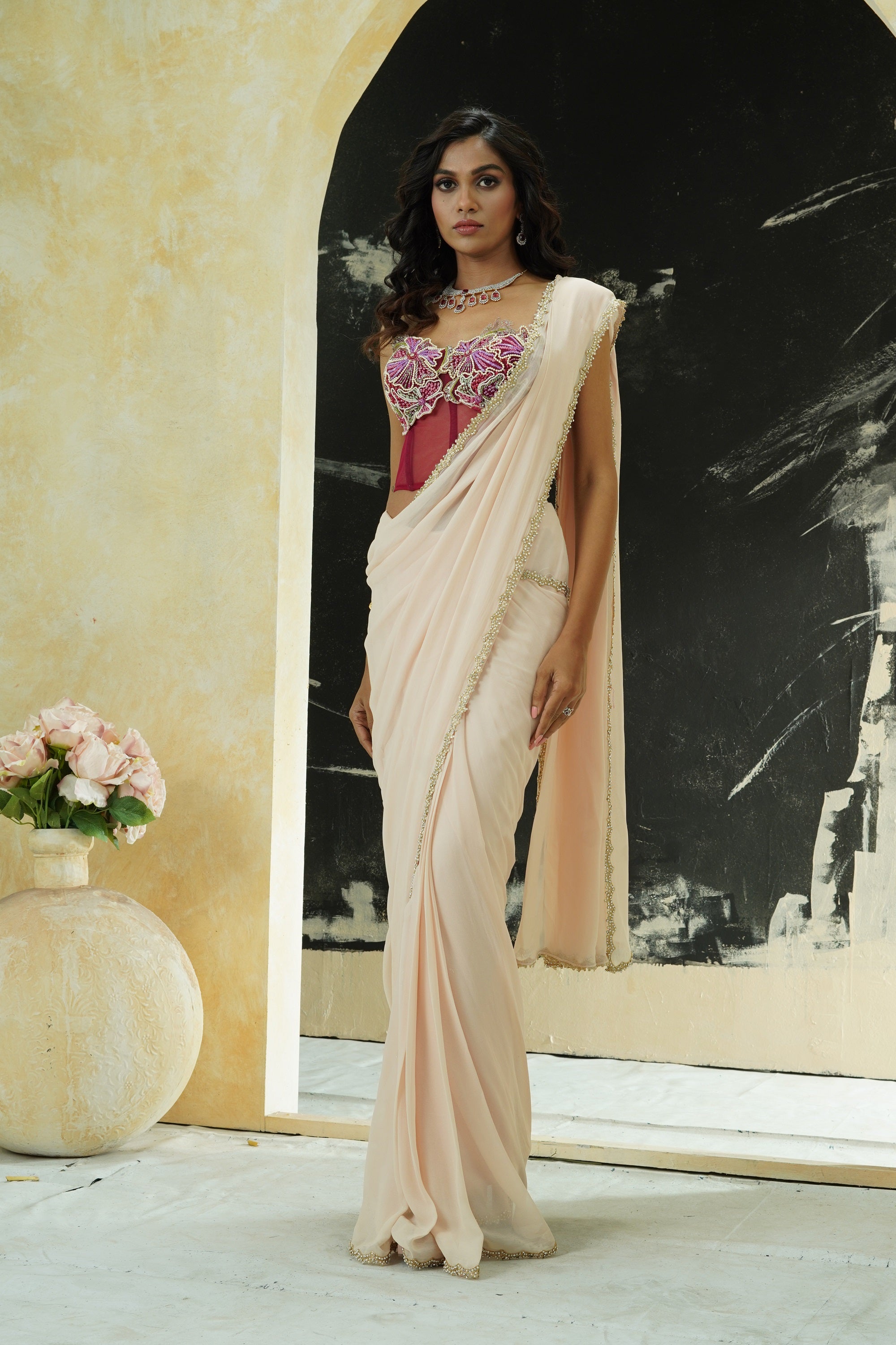 Powder Pink Saree and Corset Blouse Set