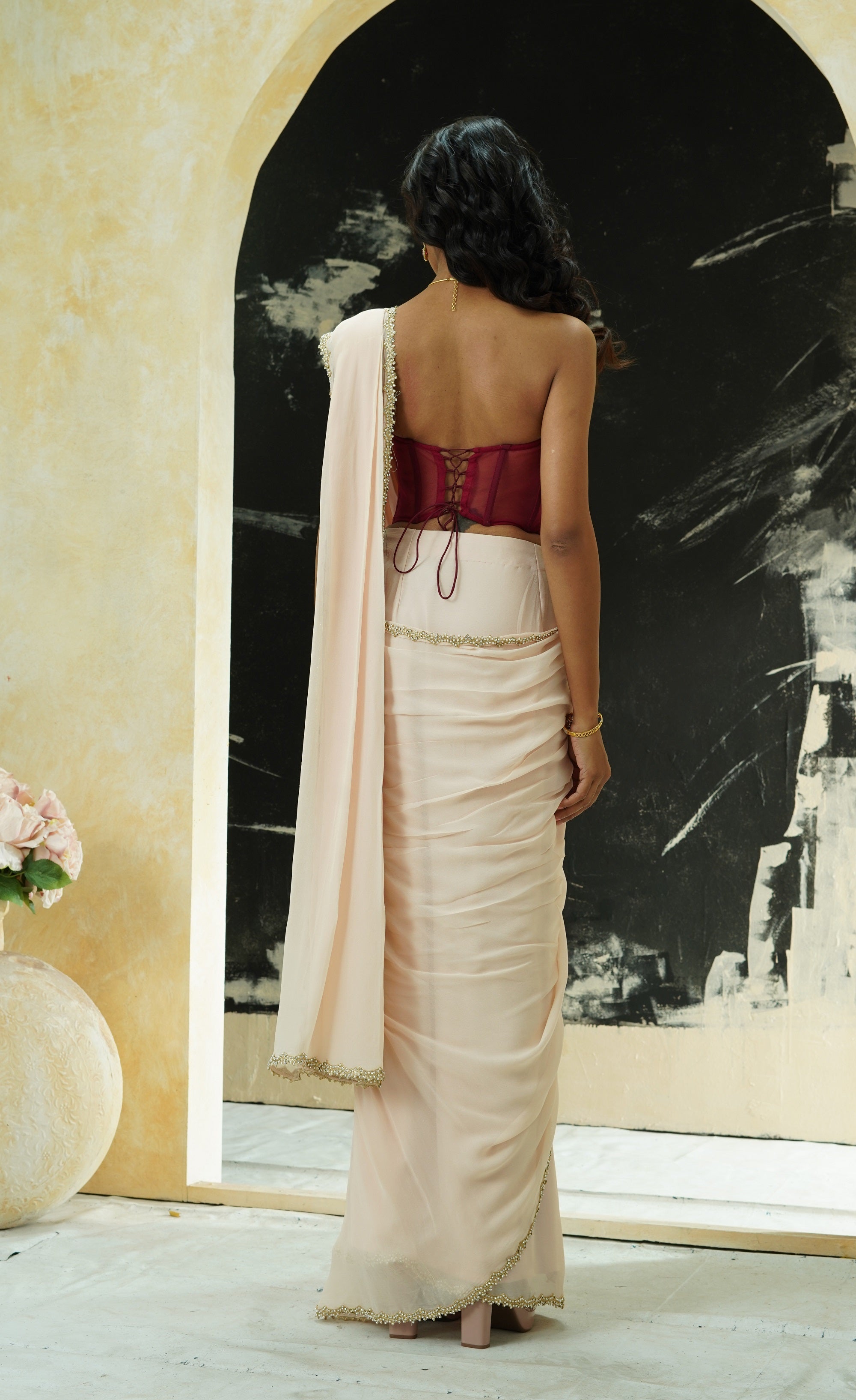 Powder Pink Saree and Corset Blouse Set