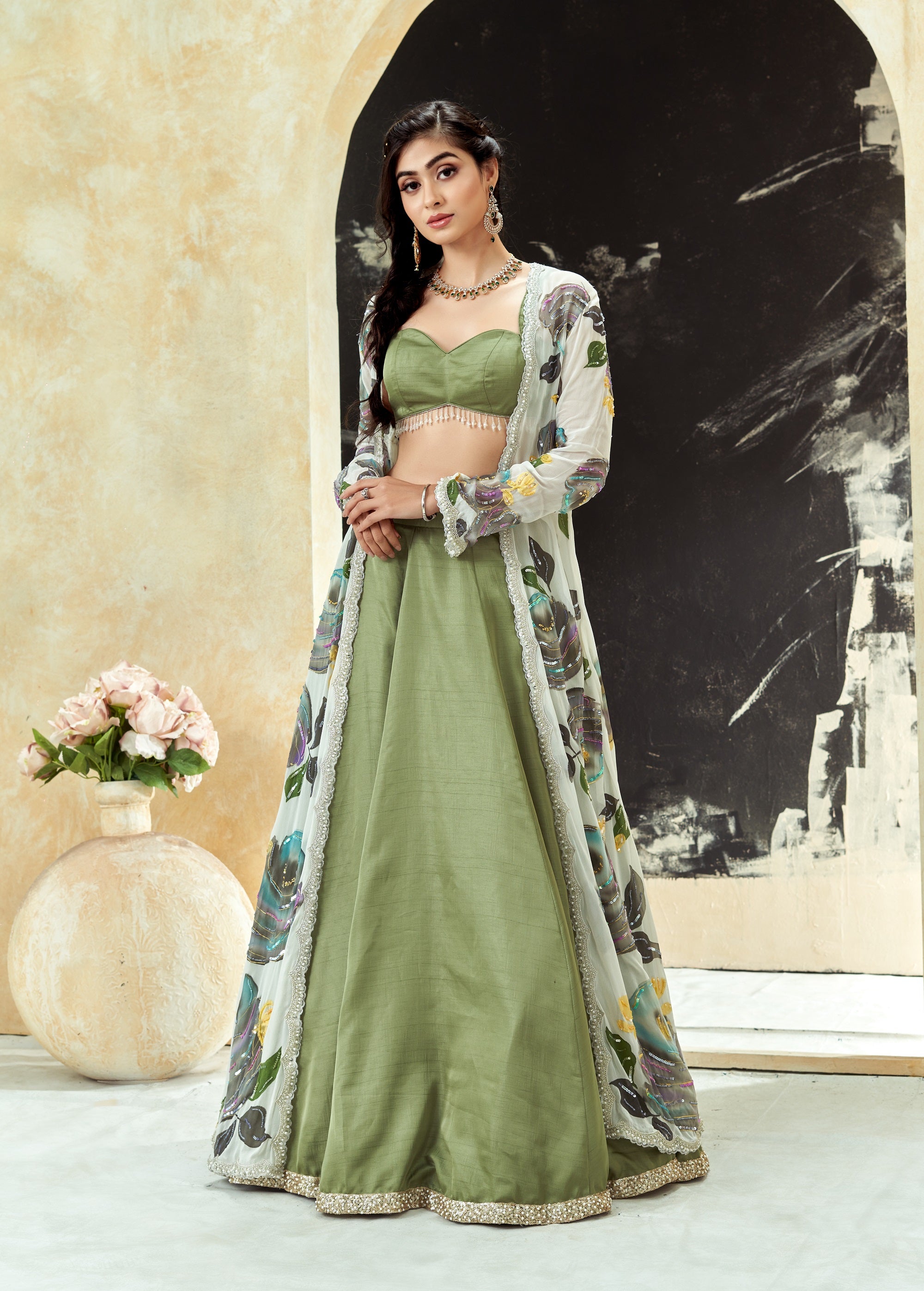 Sage Green Lehenga Set with Hand Painted Jacket