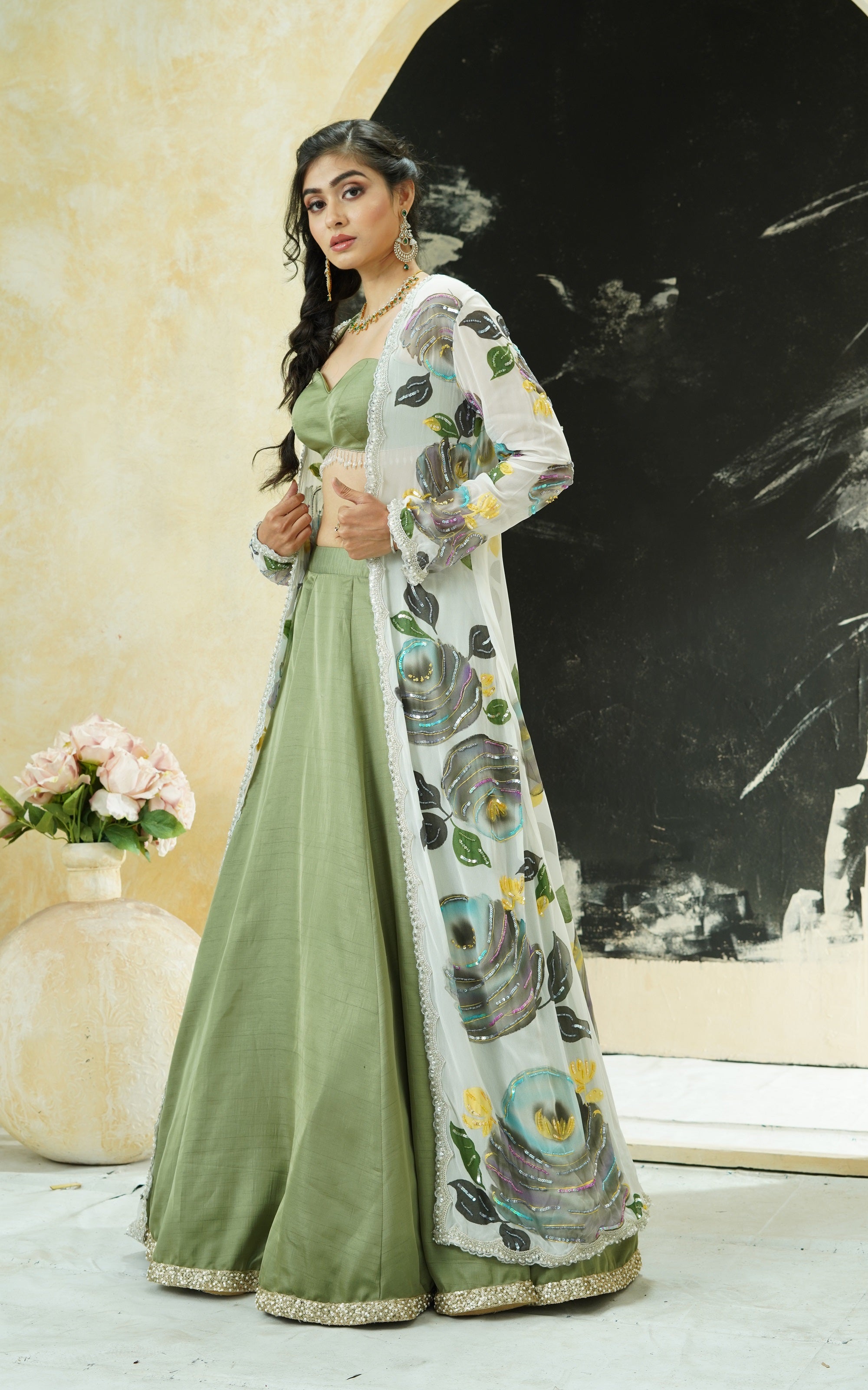 Sage Green Lehenga Set with Hand Painted Jacket