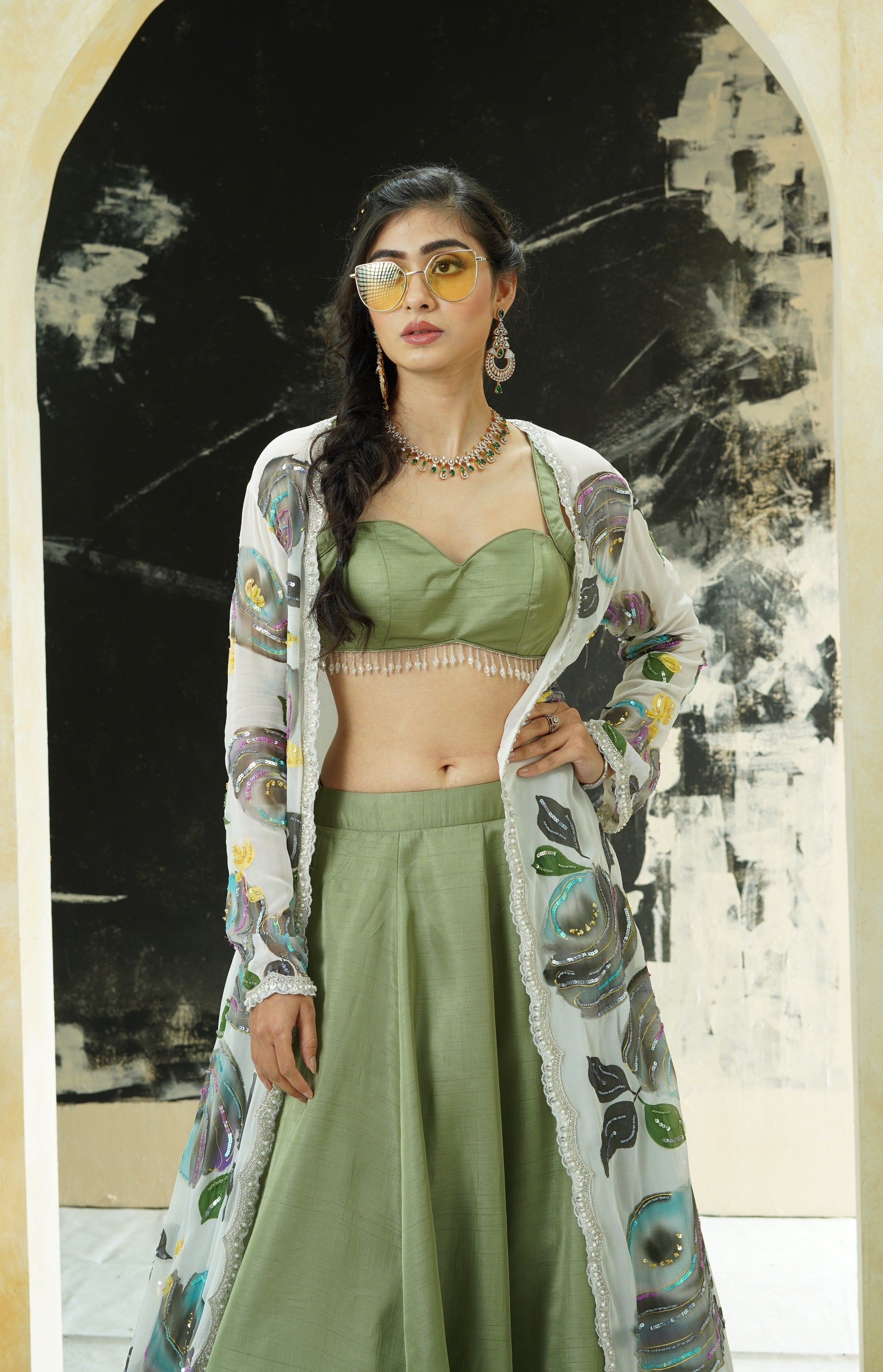 Sage Green Lehenga Set with Hand Painted Jacket
