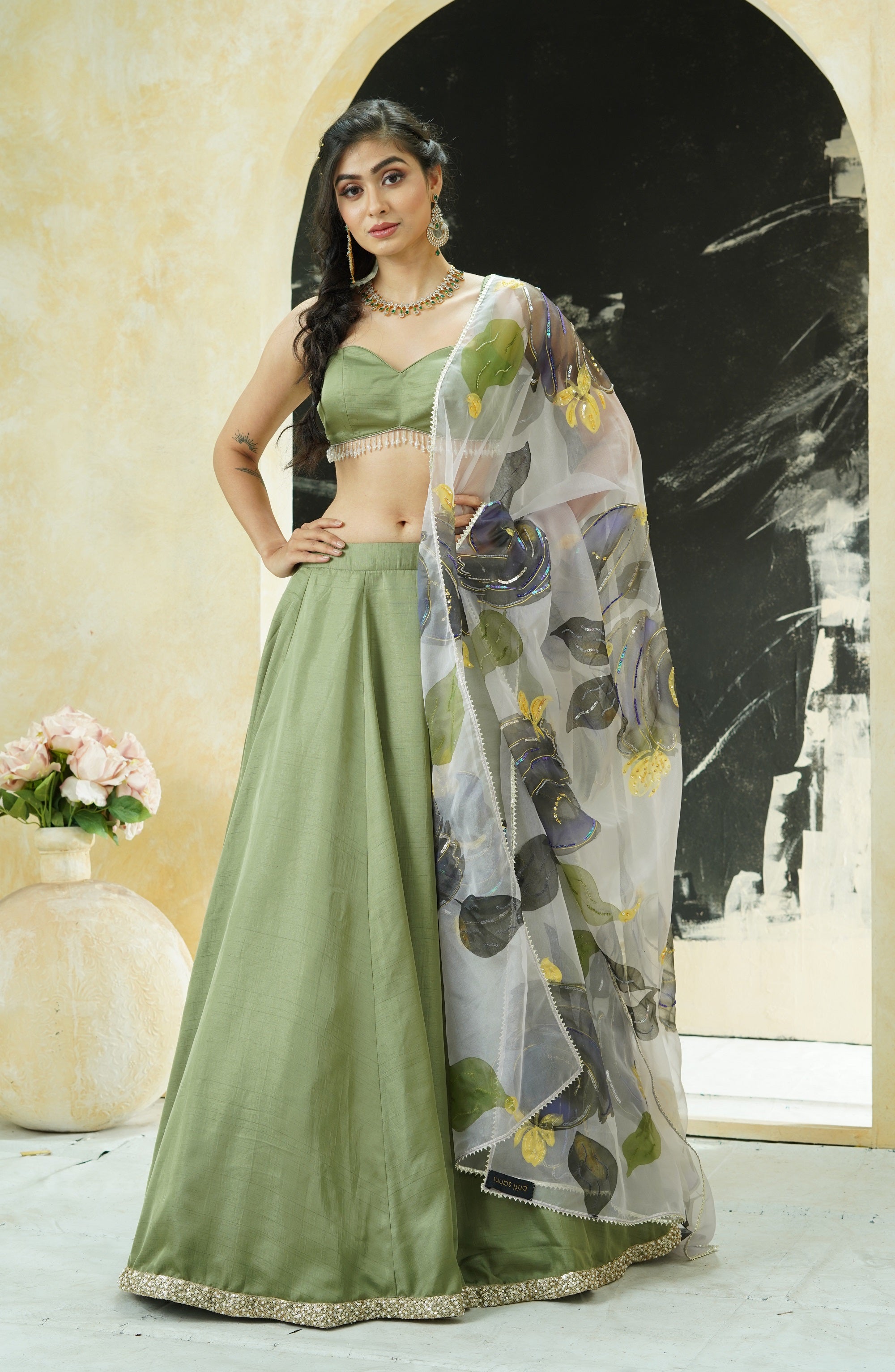 Sage Green Lehenga with Hand Painted Dupatta