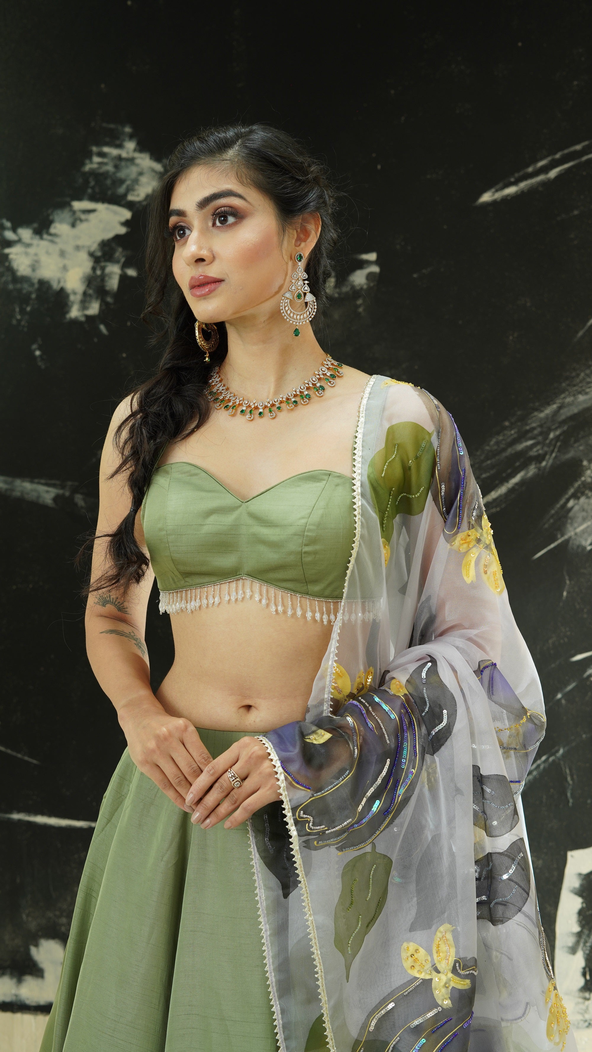 Sage Green Lehenga with Hand Painted Dupatta