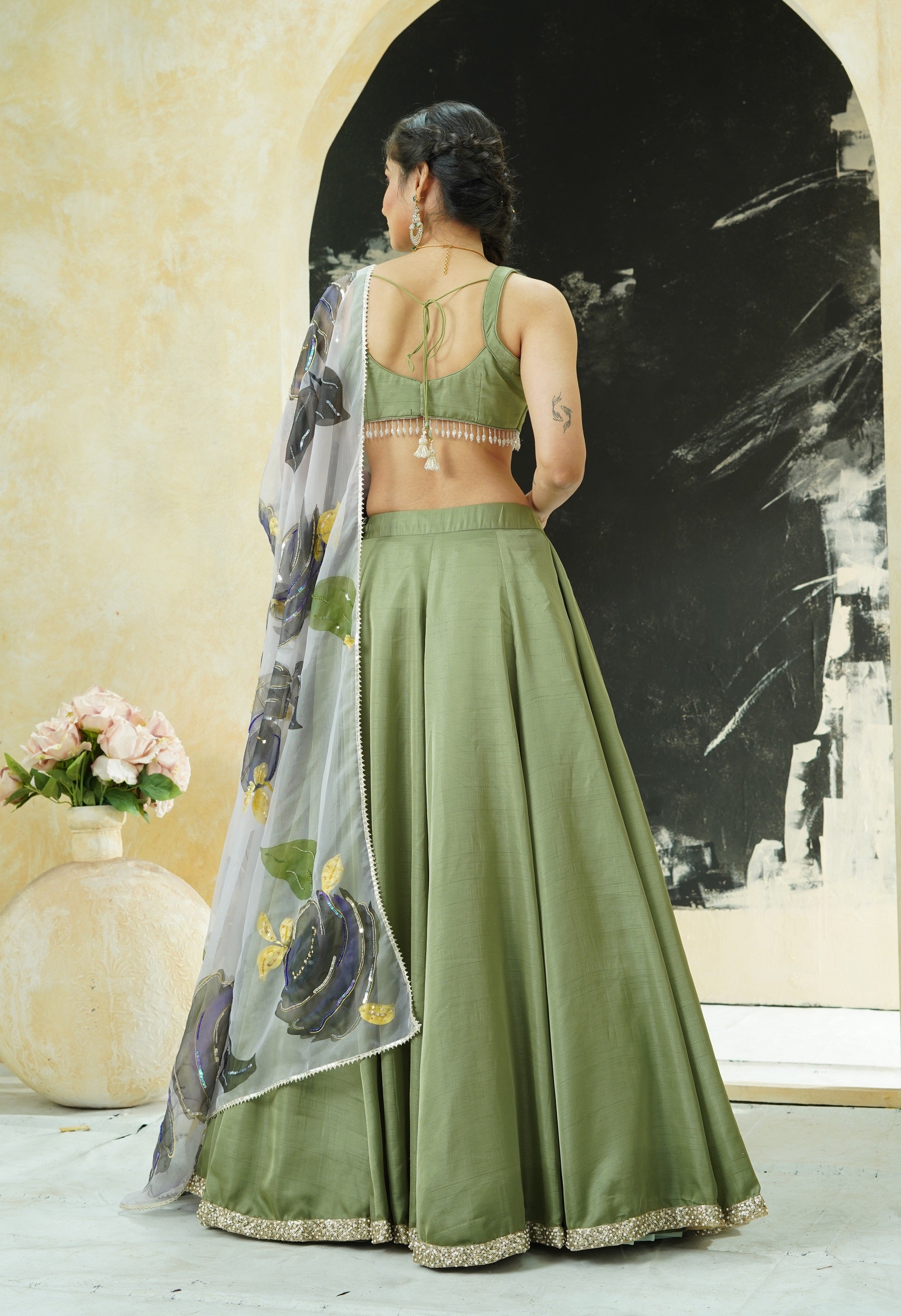 Sage Green Lehenga with Hand Painted Dupatta