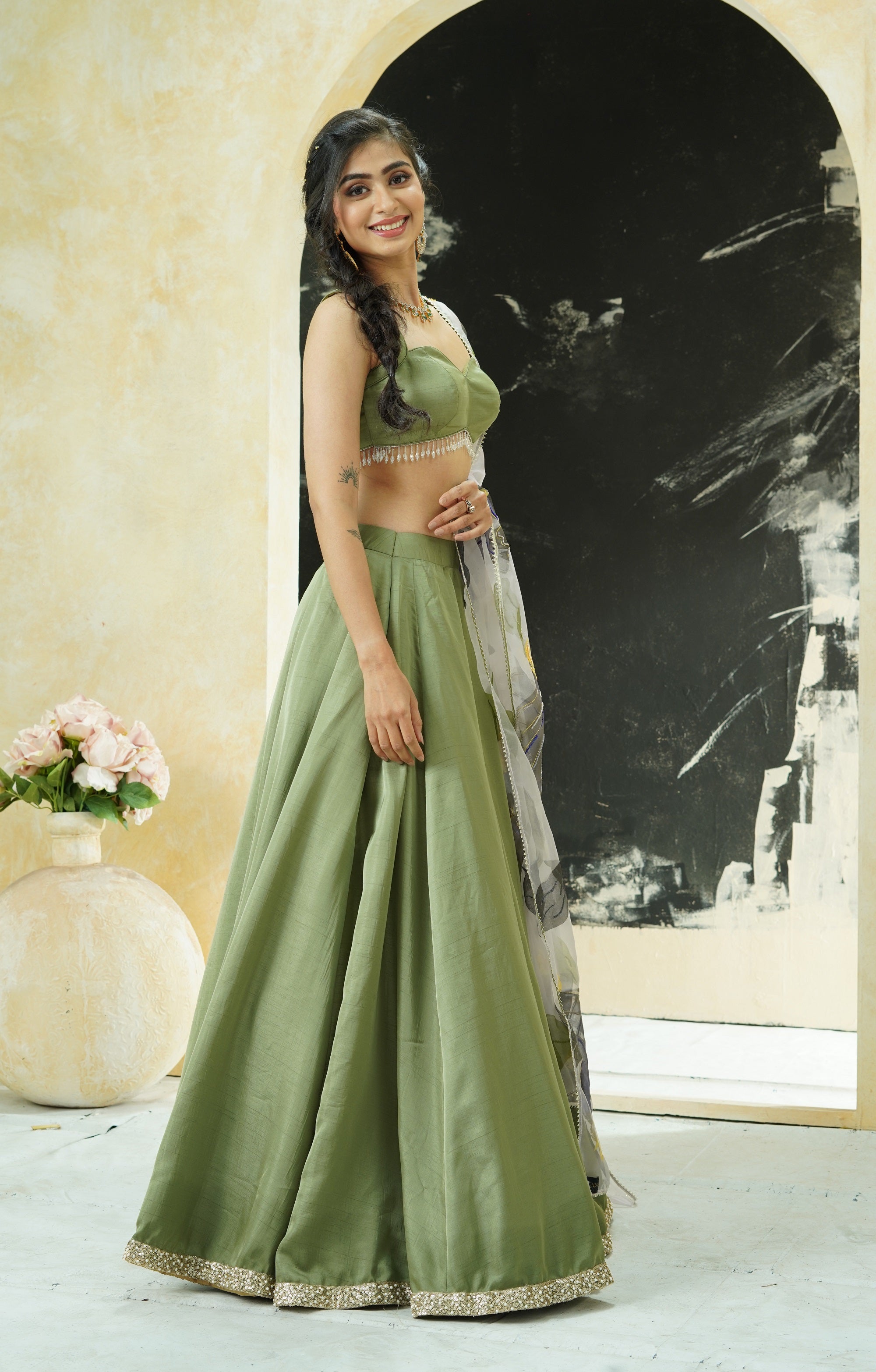 Sage Green Lehenga with Hand Painted Dupatta