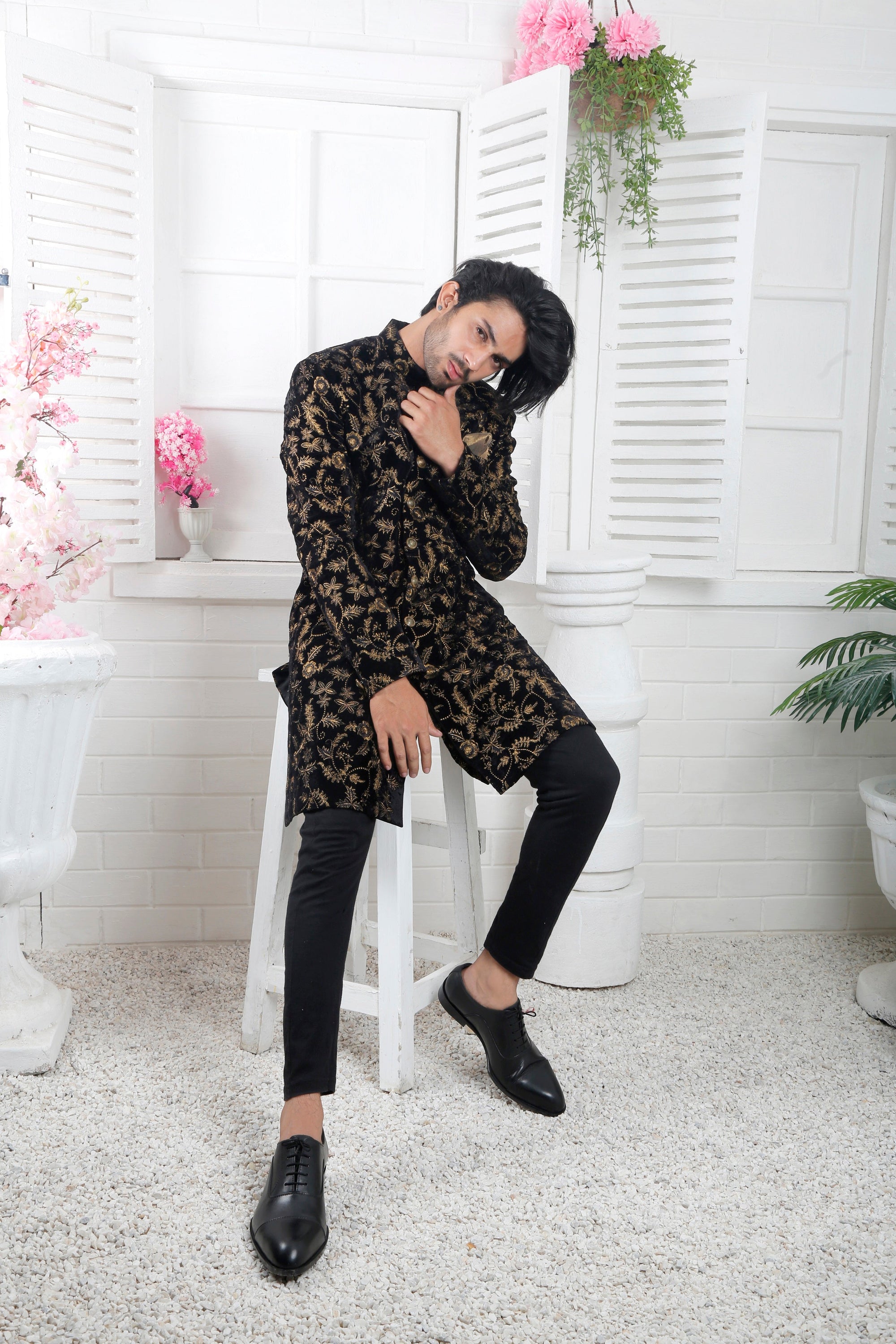 Sherwani Shoes Black Kurta With Shoes Luxury Black Sherwani For Groom With Golden Floral Embroidery