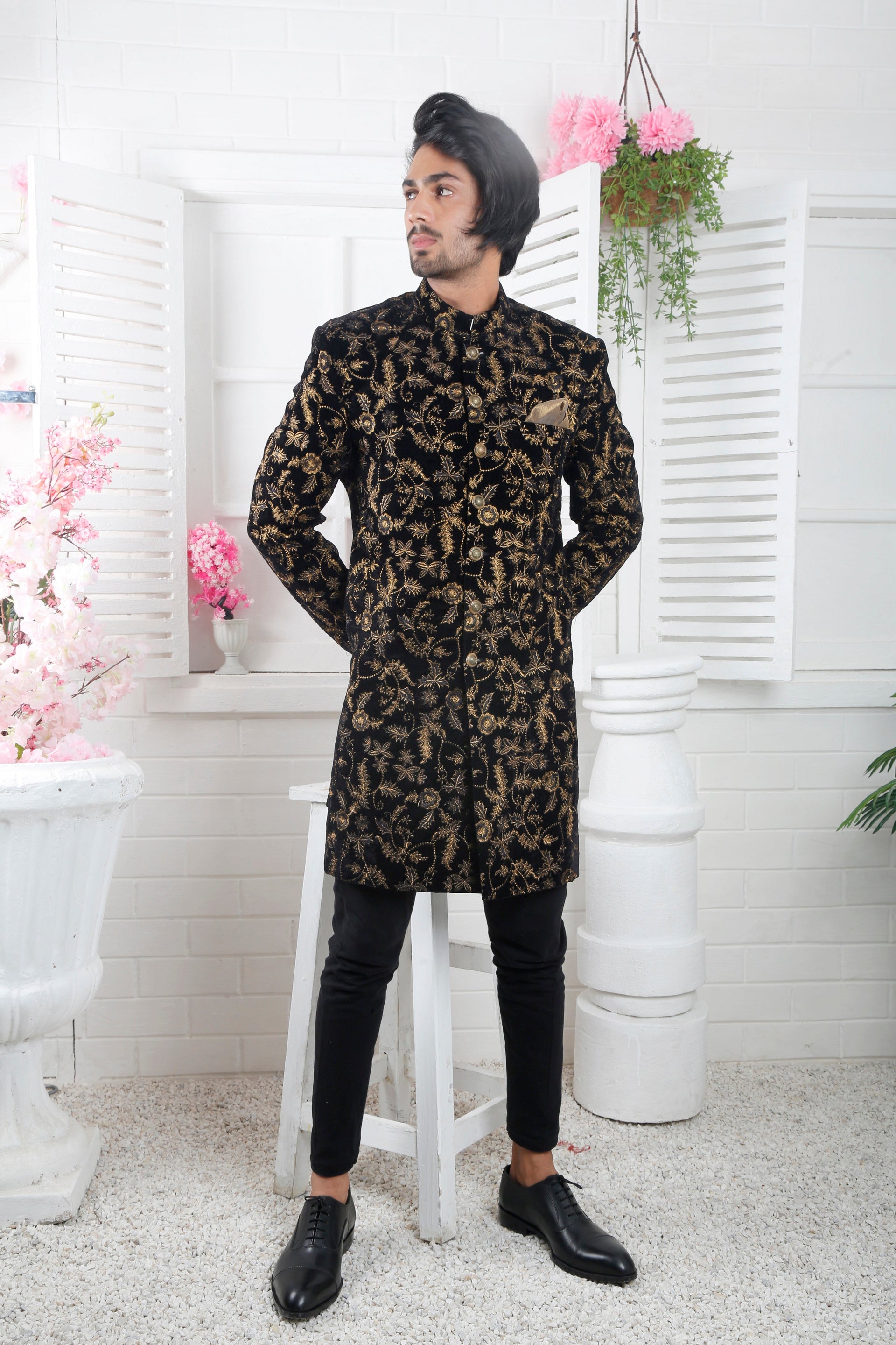 Black Velvet Self Jamawar Short Sherwani – WaliaJones