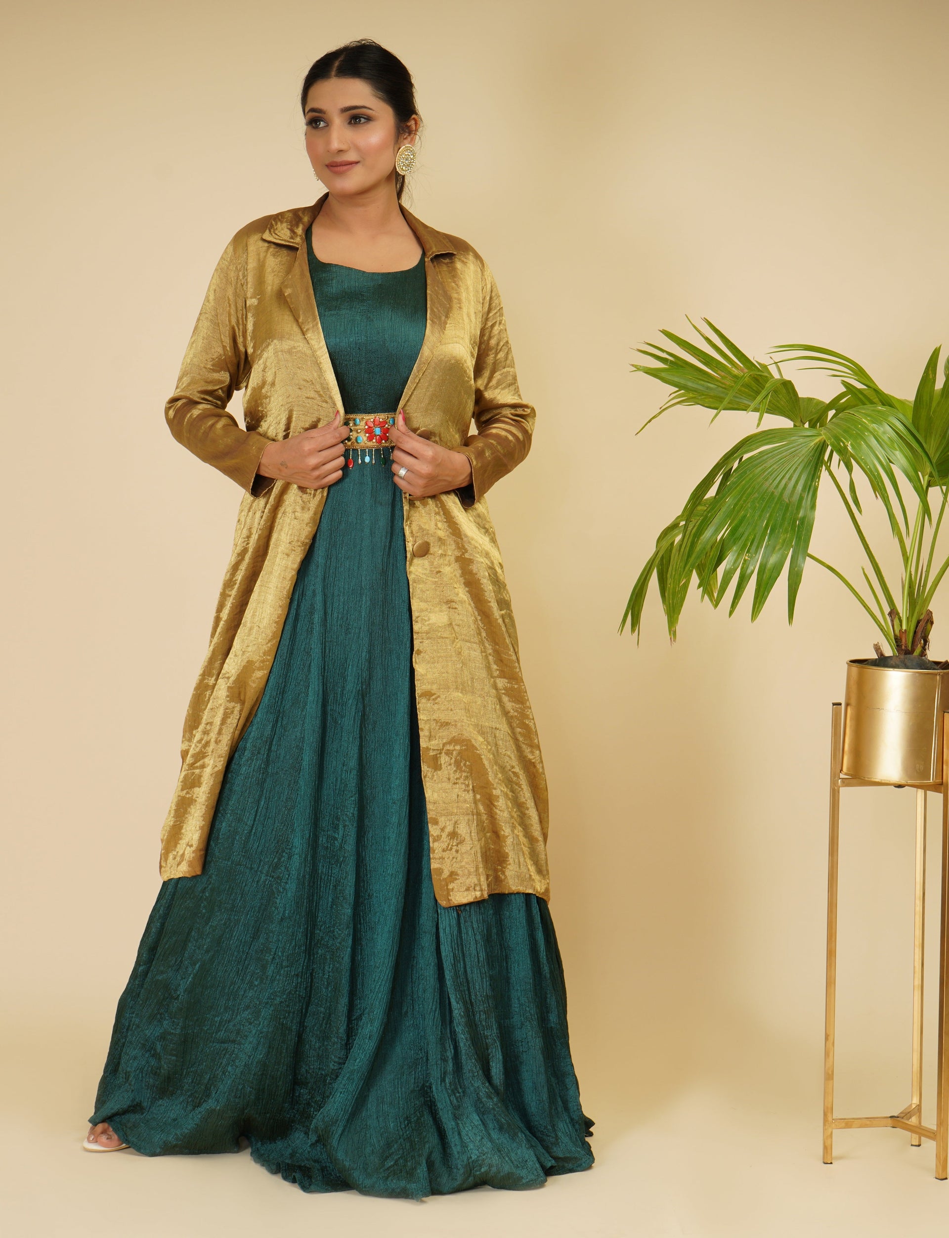 Bottle Green Gown with Golden Coat – WaliaJones