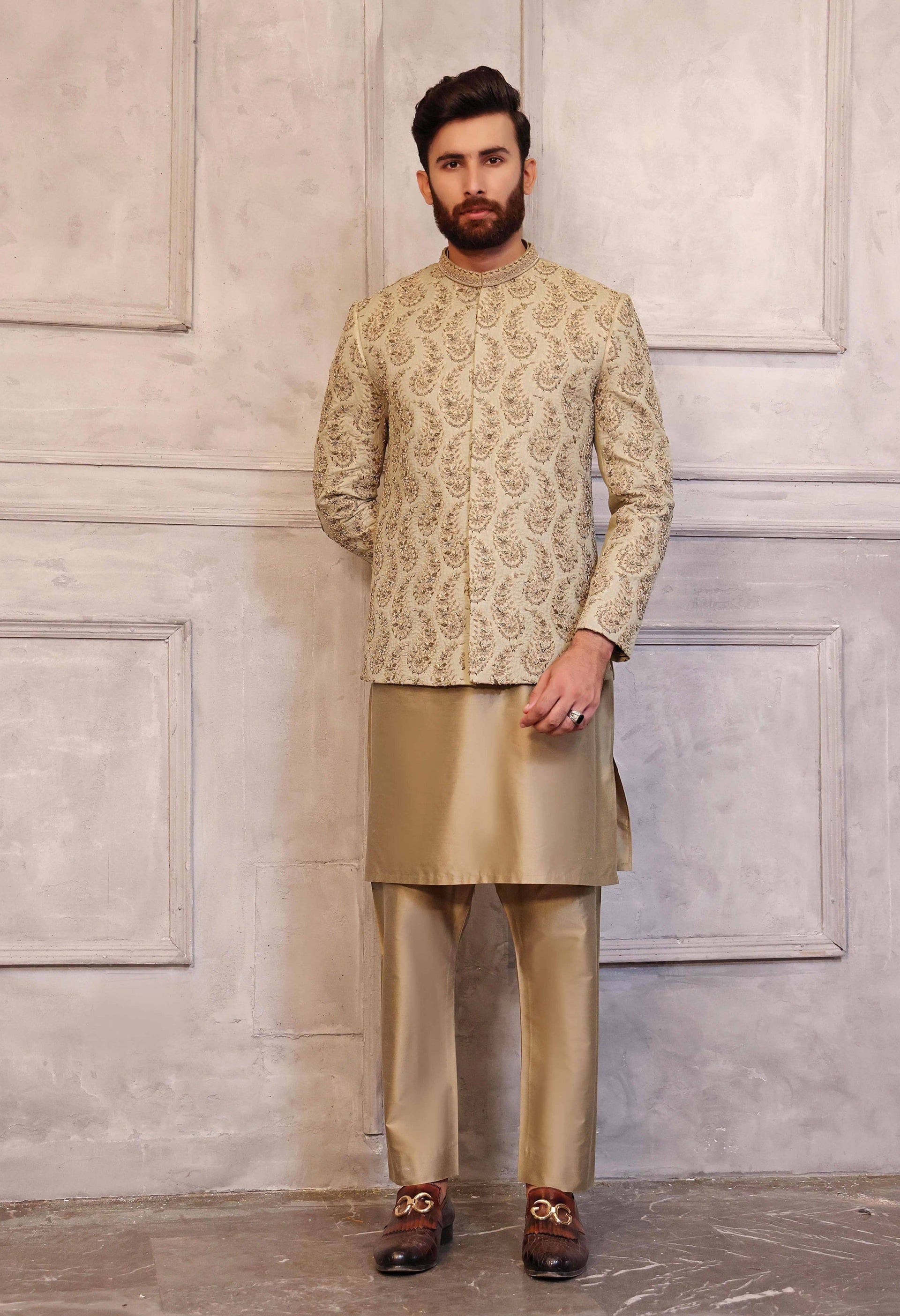 Dull Gold Prince Coat with Matching Raw Silk Suit – WaliaJones