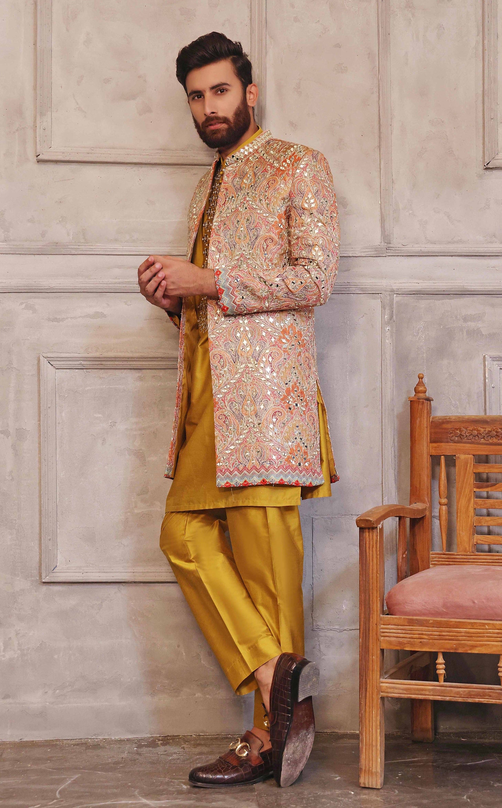 Multi-colored Mirror Work Prince Coat with Matching Raw Silk Suit